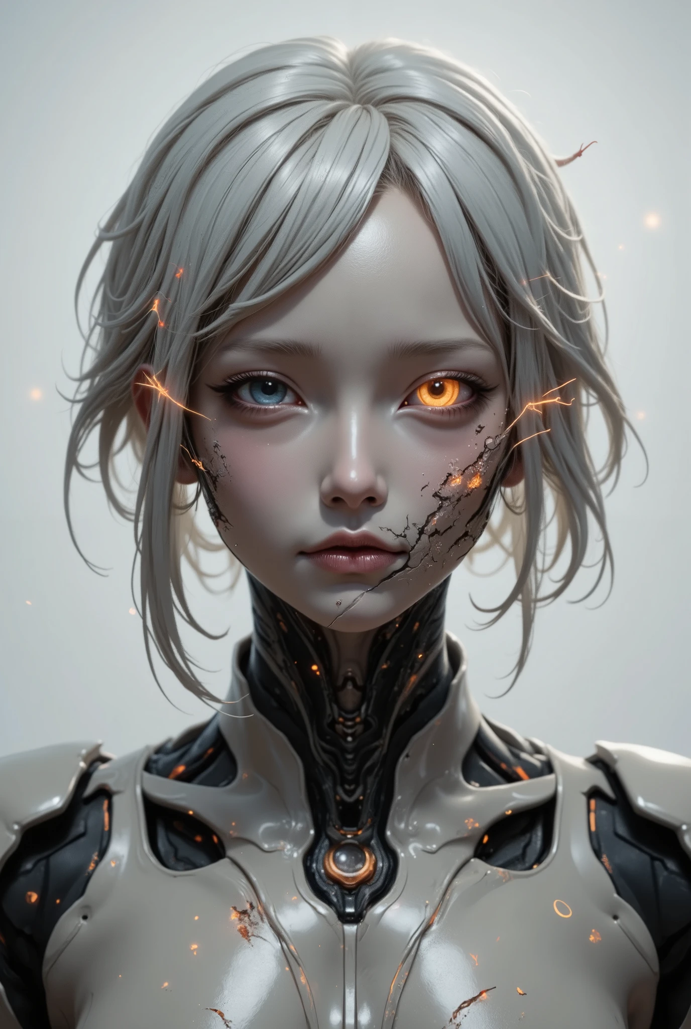 Create an artwork featuring a surreal, cybernetic character with a half-human, half-robot face. The human side has a soft, disheveled appearance with light-colored hair and large, expressive eyes. The robotic side is cracked and mechanical, showcasing components like wires, a digital screen, and glowing orange elements. Sparks are flying from the robot side, highlighting the fusion of technology and humanity. The background should be minimalistic, emphasizing the character's intricate details, and create a sense of unease and intrigue. Use a color palette that combines muted tones with pops of bright color from the robotic elements.