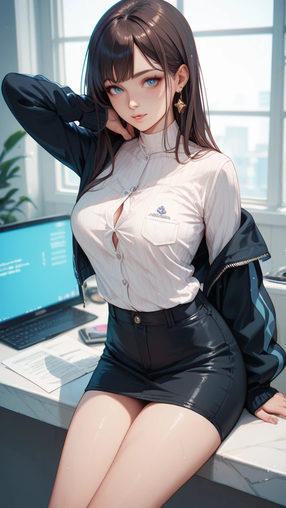 1gril, open shirt, exposed (naked breasts)) nipples, black tight ((mini skirt)), office background