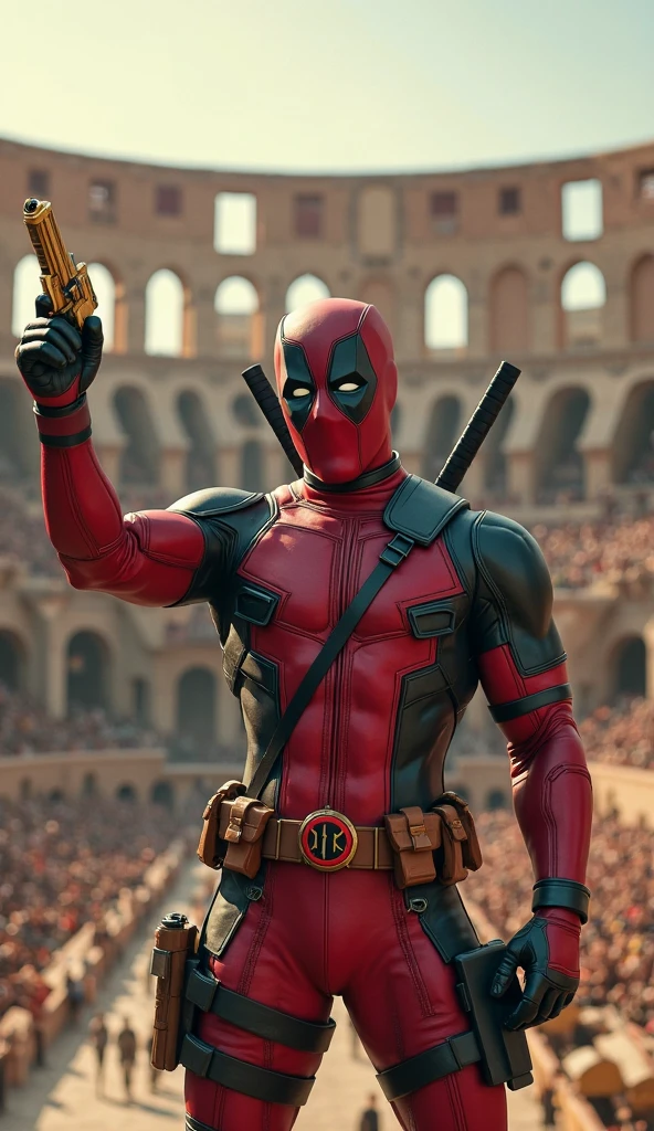 The superhero Deadpool, (change the color of his clothes from red to white and gold, completely titanium and armored clothes)