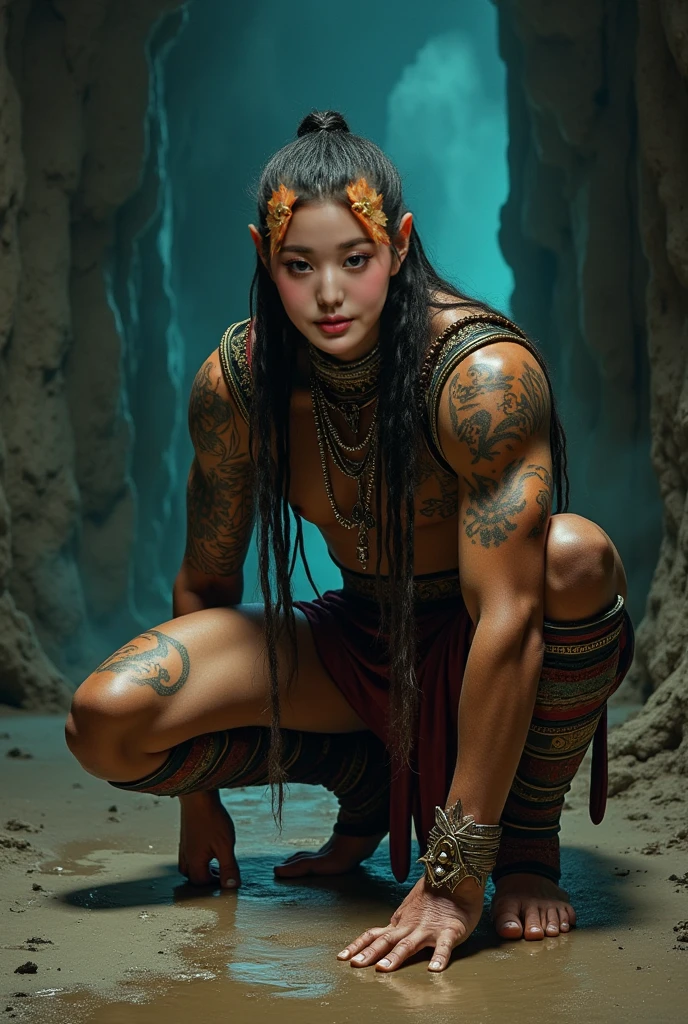 A striking, photo-realistic portrait of a 20-year-old Korean primitive cannibal tribe queen. Her lithe, muscular body is fully exposed, glistening with a sheen of sweat that accentuates her powerful physique. Long, flowing white hair cascades down her back, contrasting sharply with the rich, earthy tones of her skin. Her eyes, a piercing shade of emerald, hold a fierce intelligence and a hint of wild savagery. Adorned with intricate tribal tattoos and body paint, she stands tall and proud, her broad chest adorned with a necklace of what appears to be human teeth and bones. Her hands are calloused, a testament to her role as both a leader and a warrior in her tribe. The background is a dense, tropical jungle, with vines and foliage creating a natural frame around her form. The queen's expression is one of both challenge and allure, as if daring the viewer to approach while simultaneously tempting them with the secrets of her primal world. Her stance is strong and commanding, one foot placed firmly on the skull of a conquered foe, symbolizing her dominance and the tribe's survival instincts. The lighting is dramatic, casting deep shadows across her muscular form, while the sun breaks through the canopy above, highlighting her in a soft, ethereal glow. Her skin is a canvas of artistry, not just from the paint but also from the detailed depiction of every muscle, vein, and bead of sweat, showcasing a raw beauty that is both unsettling and captivating. This image is a mesmerizing blend of the macabre and the erotic, inviting the viewer into a world where the line between predator and prey is blurred, and the very essence of human nature is laid bare.