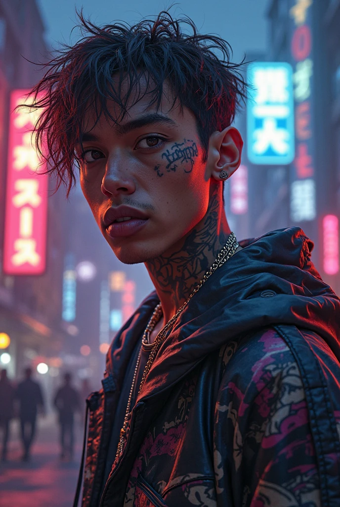 black male, blue buscut hair brown eyes, with a sewing tattoo all over his body .
He wears cyberpunk pants, Adidas sneakers and a Jujutsu Kaisen overcoat.