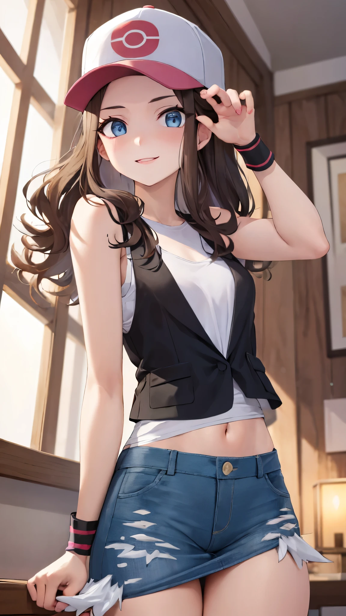 (( the best quality)), (( )), perfect body perfect waist slim small flat breasts, Big thighs , well-marked ass , masterpiece , absurdres, extremely detailed face , beautiful face , (detailed eyes, deep eyes ), ( a girl), dynamic pose , upper body, hilda, cabello castaño, long hair, sideburns, high gather, gather, blue eyes, caderas anchas, smiling, has, baseball cap, black vest, sleeveless shirt tied showing her navel and beautiful waist , white shirt, wristband, denim miniskirt below the waist , black net panties , shoulder bag , (in a temple, Tomorrow, sunrise)( Eyes of Cojeme , flirty ) short denim blue denim skirt