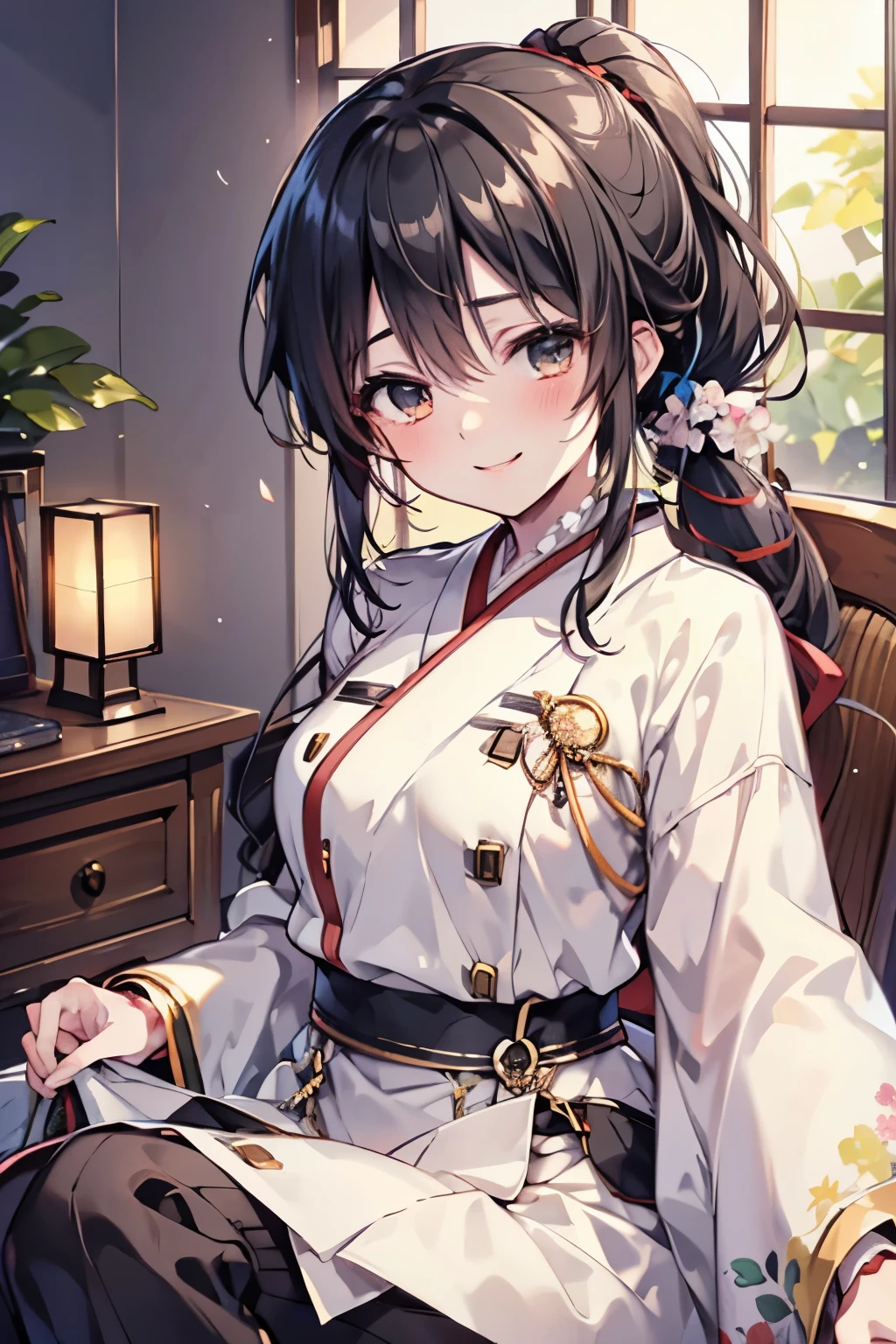 big smiles、 narrowed smiles、Moist eyes、bangs、long black hair、ponytail、 sharp eyes、slacks、 Taisho Romance、Colorful、Japanese modern、high quality、high image quality