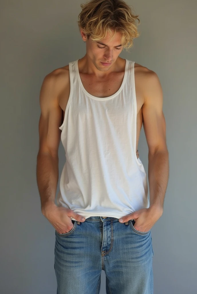 (plain white background), MichaelRed wearing a (white tank top), jeans, (homoairotic illustration, graphite:1.3), looking at camera, duotone, <lora:homoairotic-ill:0.75> <lora:MichaelRed:0.8>
