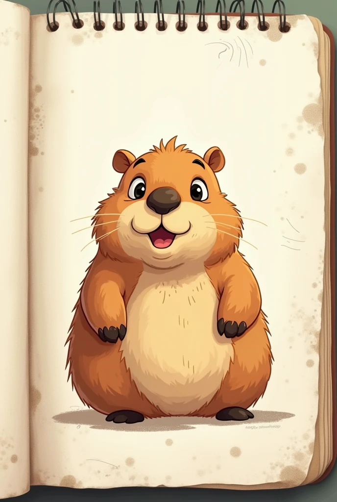 Create me a 2D animated capybara that you are writing in your notebook that is cute animated style