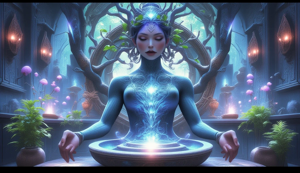 (medium shot ) of spectral guardian meditating in a sacred grove, detailed face, located in a magical scene at a enchanted lake during starlit night with stormy weather, illuminated by shimmering light, creating a mystical heroic atmosphere, detailed face, ,Masterpiece,best quality, photo, realistic, very aesthetic