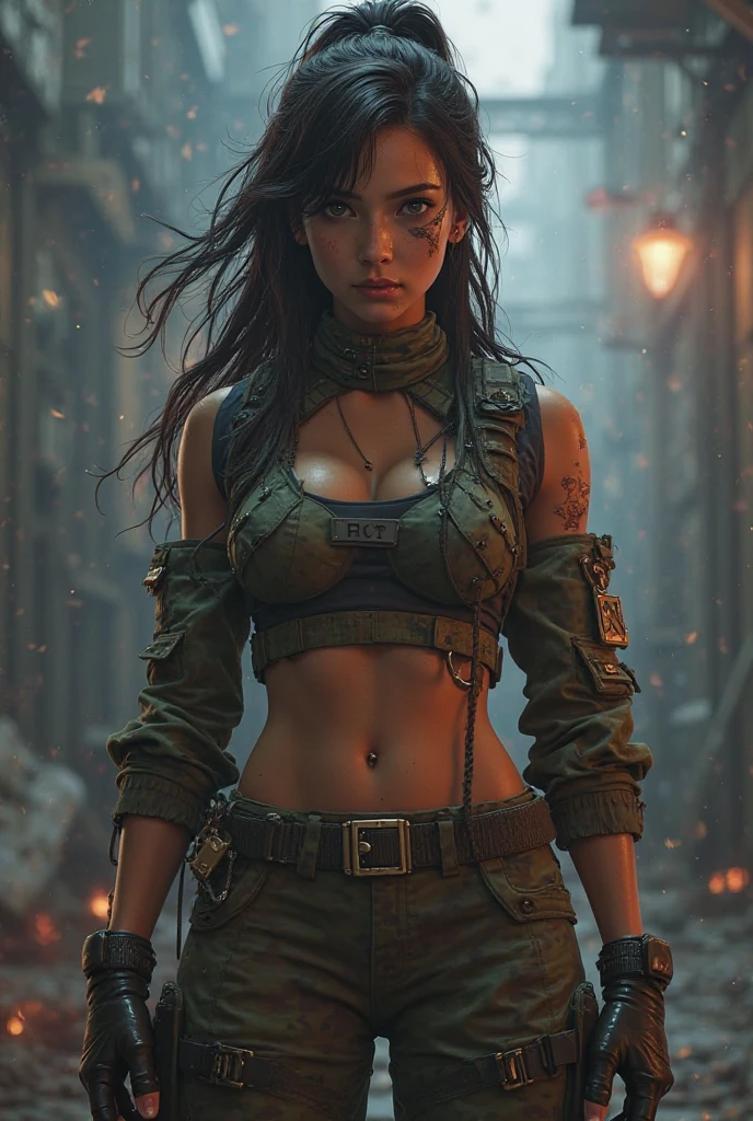 ((general shot:1.6)), unreal engine:1.4, ultra-realistic K CG, Photorealistic:1.4, Skin texture:1.4, masterpiece:1.4, mad max style,Beautiful woman with hat,jeans jacket,long brown hair , honey-colored eyes、Military-style shorts, green pantyhose, decorations on her clothing and hair, apocalyptic city in the background