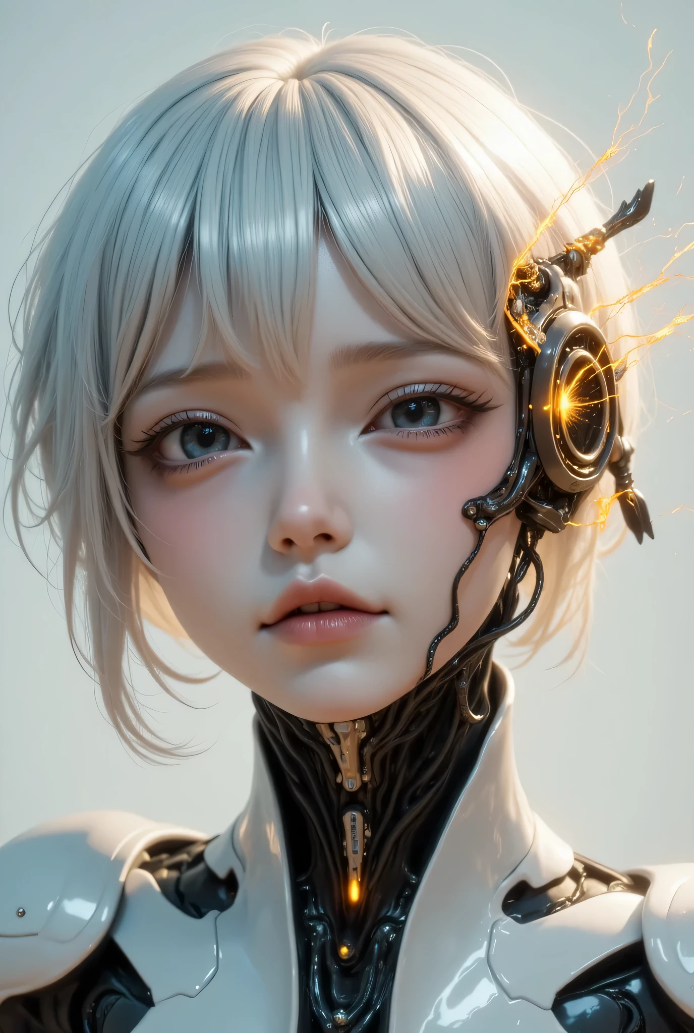 Create an artwork featuring a surreal, cybernetic character with a half-human, half-robot face. The human side has a soft, disheveled appearance with light-colored hair and large, expressive eyes. The robotic side is cracked and mechanical, showcasing components like wires, a digital screen, and glowing orange elements. Sparks are flying from the robot side, highlighting the fusion of technology and humanity. The background should be minimalistic, emphasizing the character's intricate details, and create a sense of unease and intrigue. Use a color palette that combines muted tones with pops of bright color from the robotic elements.