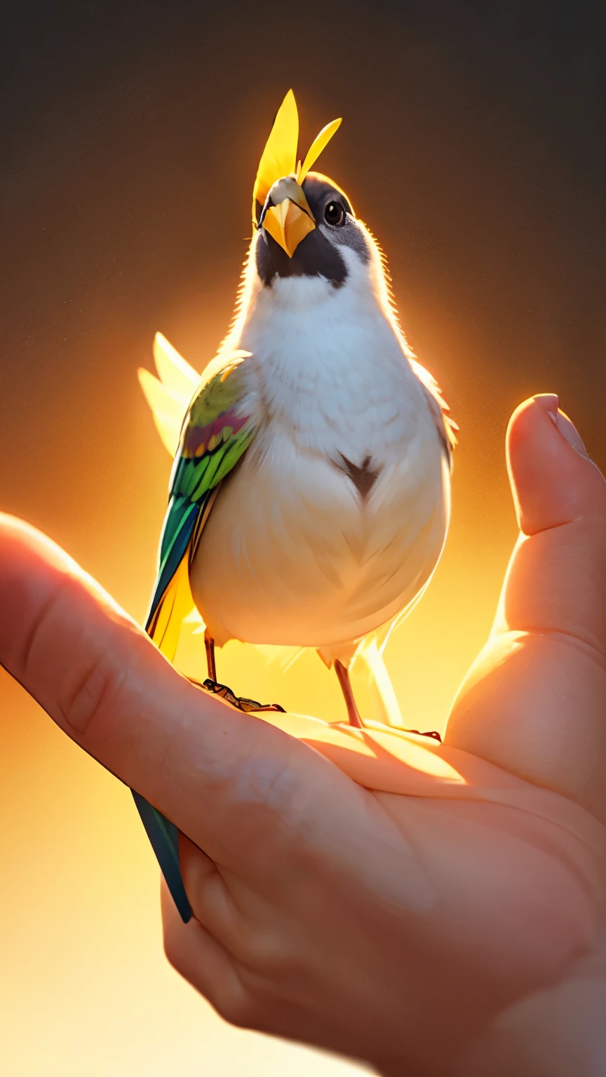 A mesmerizing close-up portrait of a gorgeous little bird illuminated by the soft, golden light of a tranquil morning, with vibrant bokeh balls gently framing its delicate form.