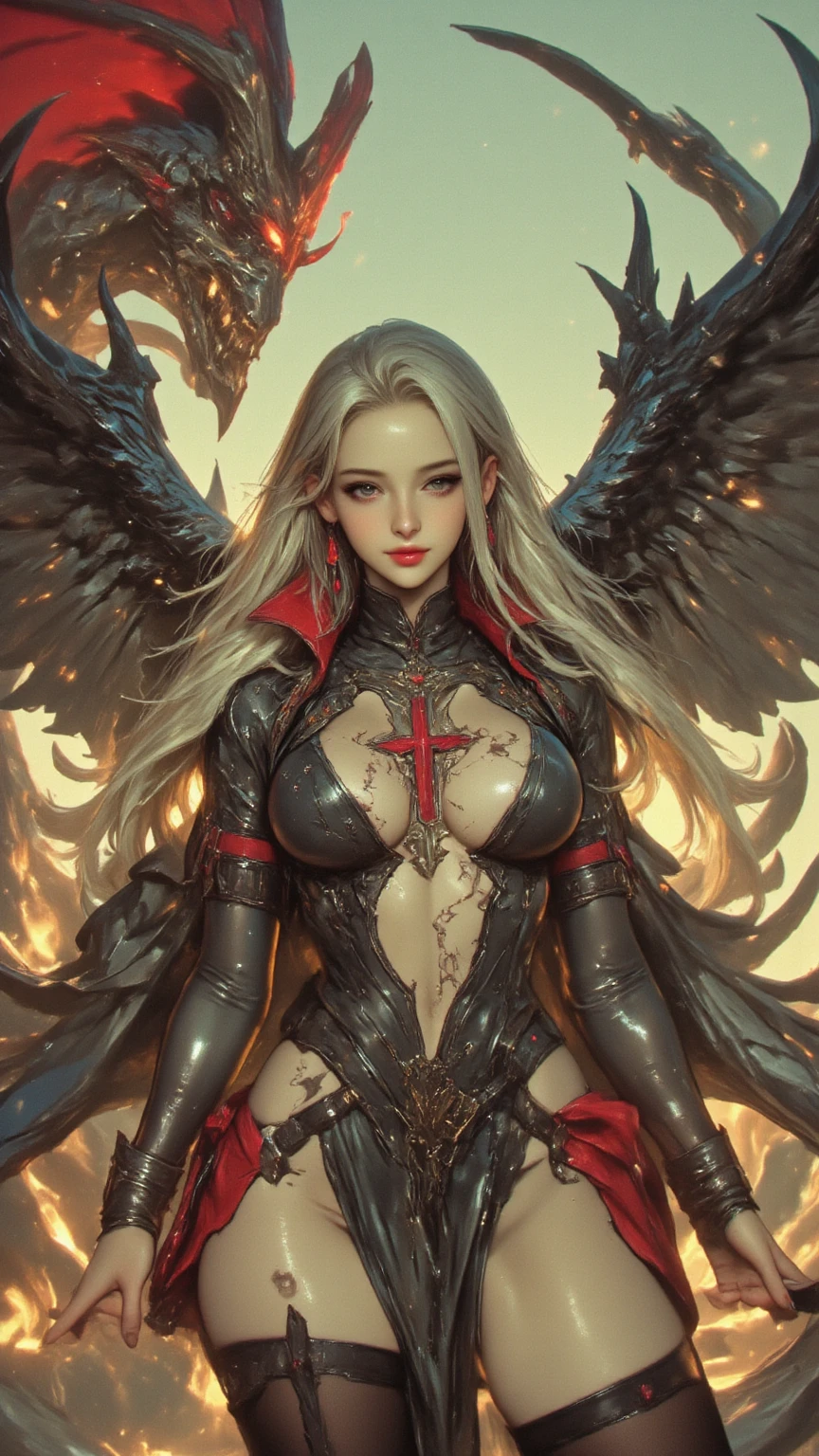 There is a beach there stand female , she have beatiful face and different eyes colour right red left is blue, with sexy dark make up, her right half of her hair is crimson red and left half is blond, she have demonic horn on right side of her head, also she have wings on her back, right wing is demonic and left angelic wing, she dressed in dres which is black sexy right side and white half on left part of a dress, (ultra high quality fantasy art, dark fantasy style, masterpiece, ultra high quality character design, 8k quality anime art, realistic anime art, top quality wallpaper illustration, detailed ultra high quality accurate face, high quality design and accurate physic)