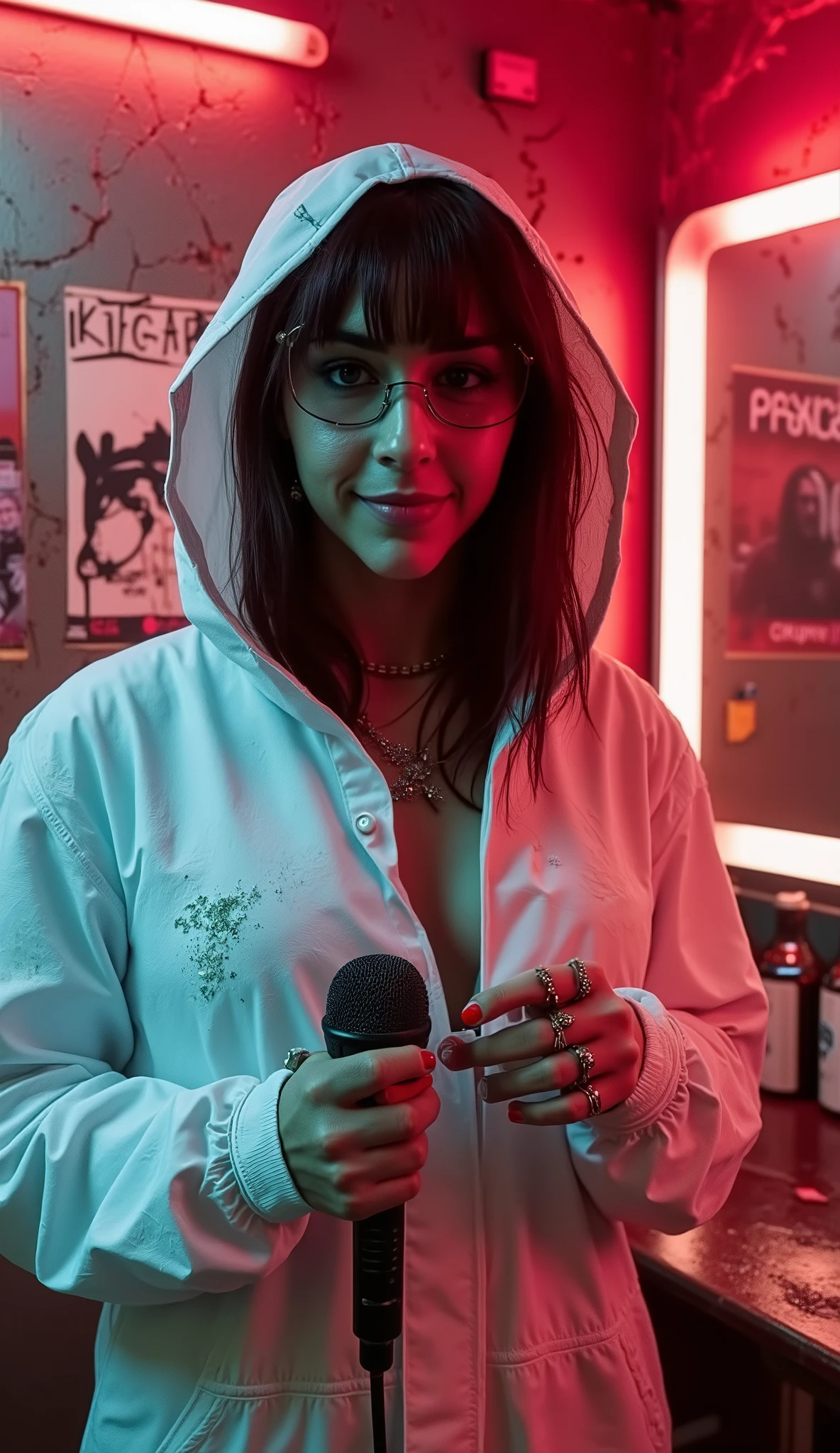 (Flux v2.1 model), ultra-realistic, cinematic lighting, best quality, a female grindcore vocalist in a muddy filthy metal bar bathroom, wearing a fitted tight white disposable protective coverall suit with hood, strand of hair escaping the hood and the suit should have a keyhole on the chest part of the overall that show her cleveage, and she is wearing big black safety goggles, seductive mood, always smiling to the viewer. Perfect hands holding a normal size muddy covered sehnheiser microphone, the background should be in a destroyed bathroom with cracked mirrors, graffiti walls covered in mud and withe posters of underground bands (like Arch Enemy, Carcass, Crypta), broken beer bottles, grime stains on floor, flickering red neon lights, (((keep the exact face and hair details of the selected LoRA))) big breasts, hourglass figure