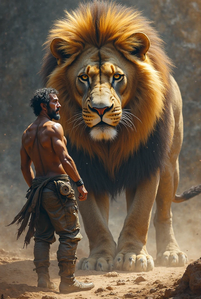 A man with a club rinding a lion