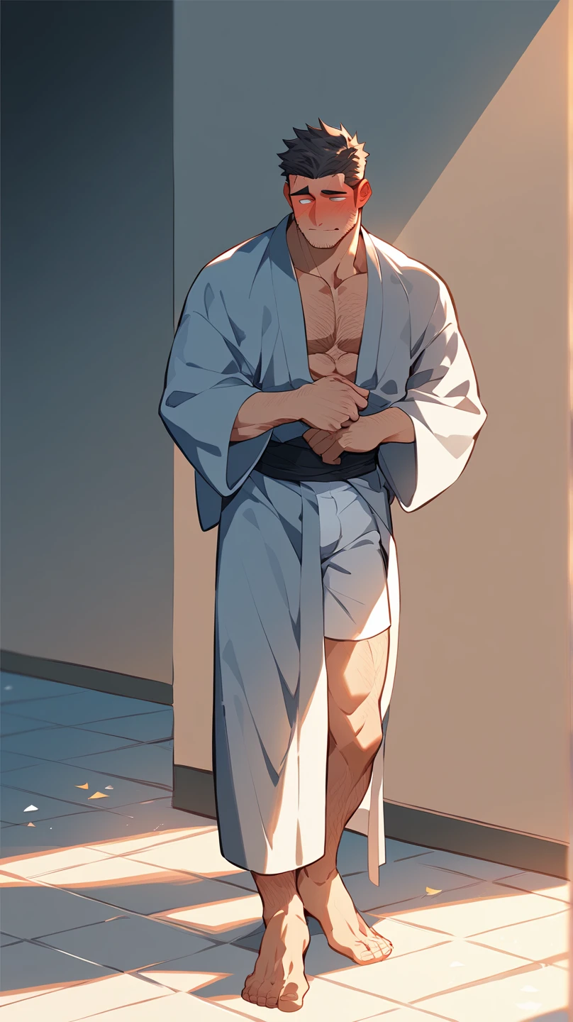 1boy, glowing, sidelighting, wallpaper,masterpiece, best quality, high quality,10yo, male focus, full body, looking at viewer, white hair,spiky hairstyle, short hair, steam smork, japan style, anime coloring, shy, home muji style, detailed face, topless, white towel on waist,white silk, on bathtub