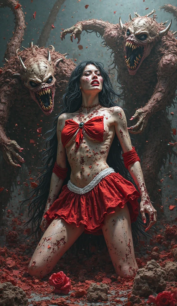 1 woman, (((red eyes, red pupil))), (pale red hair), dressed in a demon-inspired costume, wearing a red tinsel minidress, fire ornament, adorned with bone skull ornaments, flashing lights red, complemented by red decorations, ((zombie demon)), ((zombie demon woman)), ((medium shot of a zombified demon woman)), ((horror movie)), ((aristocratic aesthetic)), ( (ultra detailed,)) ((photorealistic)), masterpiece, ultra pale skin, ((blood everywhere on body)), ((torn clothes)), ((torn body)), ((open mouth dripping blood )), ((staff in hands)), ((holding a staff)), ((A very scary zombie demon queen, Final form as a complete demon, The devil's masterpiece, Zombie demon king, The most worthy demon ,Complex and majestic demon figure.,The most majestic figure of the devil.,The most intricate representation of the devil.,Intricate reproduction of perfect demonic details.),Giant devil wings, a lot of blood on the face.