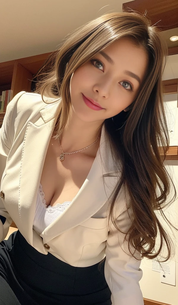 ((Highest quality, 8k, masterpiece: 1.3)), sharp: 1.2, Perfect Body Beauty: 1.6, (Beautiful woman with perfect figure :1.4), ((Layered Hairstyles, Big Breasts: 2.0)), ((Light grey business jacket:2.0)), V-neck, (Cleavage: 2.0), (Black lace bra: 1.4), ((Semi-long hair: 2.0)), ((necklace)), Earrings, ring, Bracelet, Hair Accessories, ((Beautiful young teenager woman)), ((Straight nose)), (Eyeliner), (White skin: 2.0), Wavy Hair, Beautiful attention to detail, Super detailed, Highly detailed face and skin texture, fine grain, double eyelid, Black Hair, smile, Shyness, Thin eyebrows, (Smile: 1.0), (indoor: 2.0)