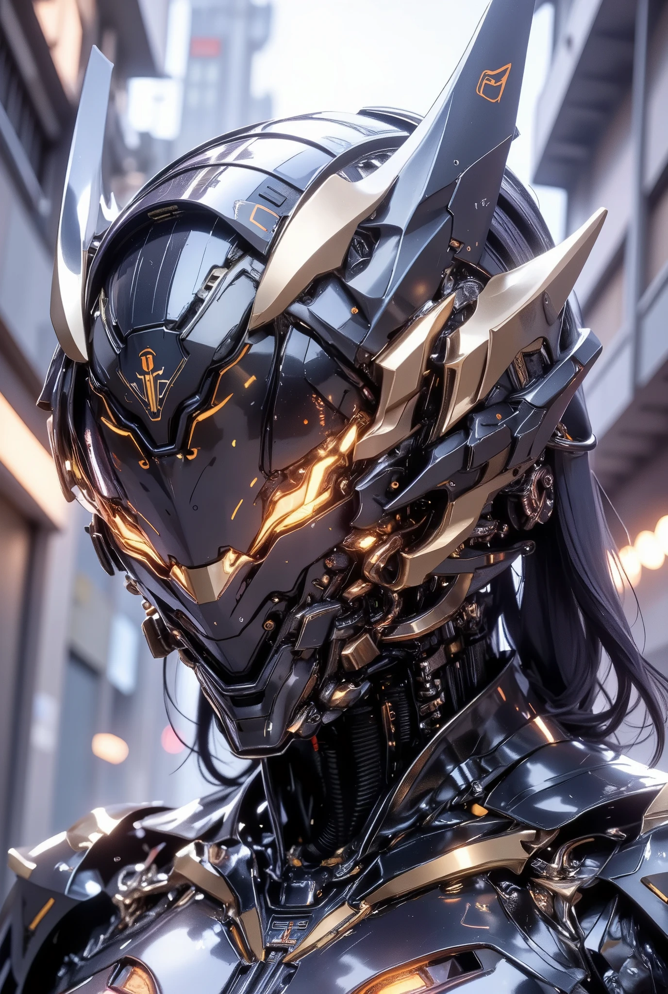 Create a highly detailed and imaginative image of a futuristic motorbike helmet that embodies advanced technology and innovative design. The helmet should feature a sleek, aerodynamic shape with smooth curves and sharp angles, emphasizing its modern aesthetic. Incorporate elements inspired by origami, showcasing intricate folds and geometric patterns that highlight the helmet's ability to fold into a compact mask-like box when activated. The color scheme should include metallic hues and vibrant accents to enhance its futuristic appeal. Include additional design features such as integrated LED lights, a visor that transitions from transparent to tinted, and a comfortable interior lining, ensuring the helmet looks both stylish and functional in a high-speed, futuristic setting.