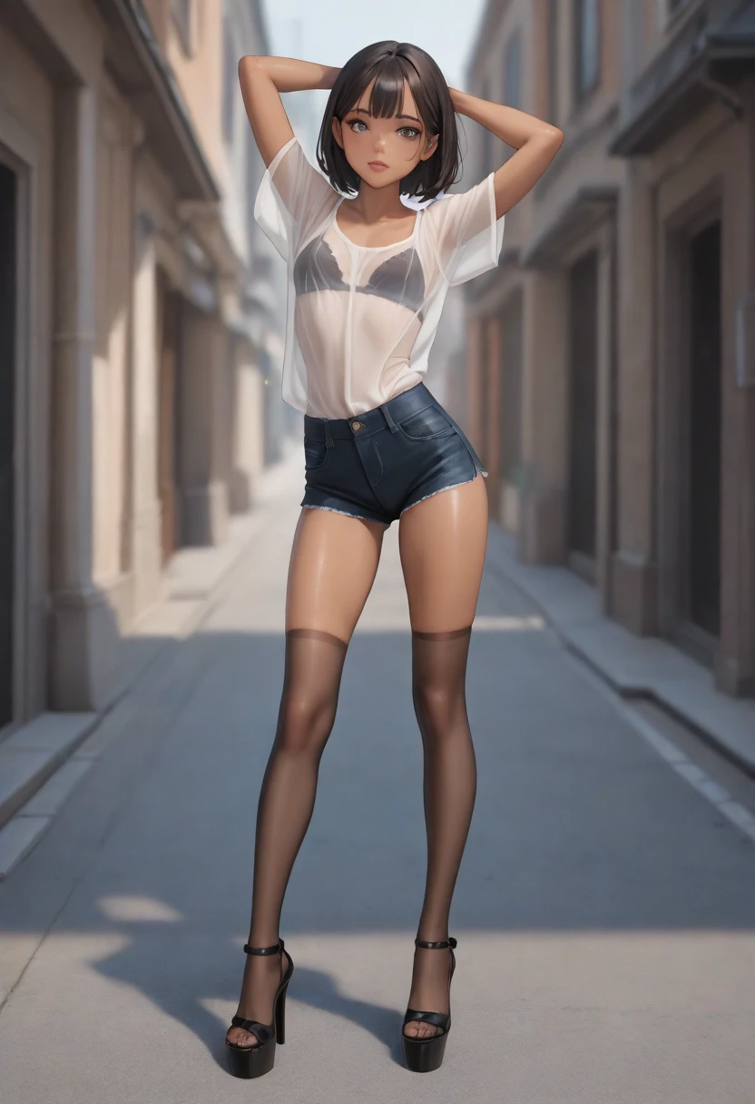 (8k, highest quality, best quality, masterpiece, highly detailed:1.2), 3D render,

1girl, upper body, woman looks like (michelle pfeiffer), wearing shirt and panty, (naked inside shirt), shy, sexy, half smile, midday, full body, from feet