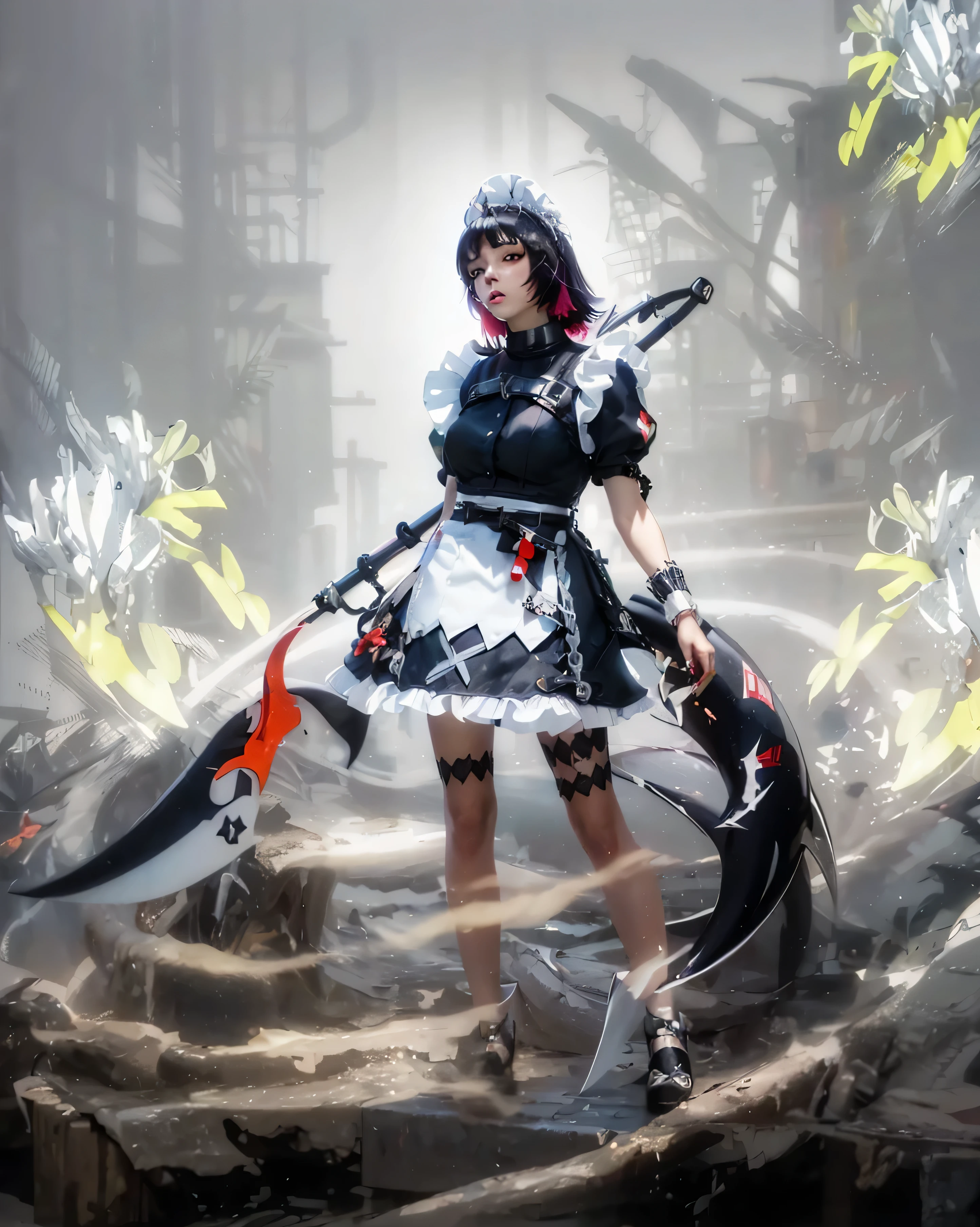 ((ELLEN JOE_ZENLESS ZONE ZERO)),((realistic, photorealistic)),(highlight hair)), Light reflection, (( HD )),((upper body)), (((best quality, masterpiece))), (masterpiece) (best quality) (detail) (8k) (HDR) (wallpaper) (cinematic lighting) (sharp focuasterpiece, best quality: 1.1), Real life adaption of this character, realistic outfit, realistic shadow, realistic light, realism, hyper realistic, realistic background,realistic hair,(photorealistic:1.2), (masterpiece: 1.2), (best quality: 1.3), (clear details: 1.3), ((((ultra-detailed)))), ((detailed eyes)), (extremely detailed face:1.4), (highly detailed eyelash:1.6), masterpiece,best quality,ultra-detailed,very aesthetic,absurdres,score_9,score_8_up,score_7_up,best quality,masterpiece,source_anime,8k,best quality,masterpiece,(ultra-detailed),(high detailed skin),symmetrical,(full body),white background,standing,looking back,(solo),hand on hip, Ellen Joe, maid, shark tail, (shark girl:0.5), 1girl, red eyes, tail, pantyhose, multicolored hair, black footwear, short sleeves, apron, wrist cuffs, maidheaddress, score_9,score_8_up,score_7_up,ellenJoeZzz, 1girl, black hair, breasts, colored inner hair, fingernails, heart, heart hands, large breasts, looking at viewer, maid, maid headdress, mole, mole under eye, multicolored hair, nail polish, red eyes, red hair, red nails, shark tail, short hair, solo, two-tone hair,White smoke background, monster earher, fight, ground breaking, ground fragments,(beautiful_face),((intricate_detail)),clear face,((finely_detailed)),fine_fabric_emphasis,full_shot, hquan,purple eyes(perfect hands,perfect anatomy)