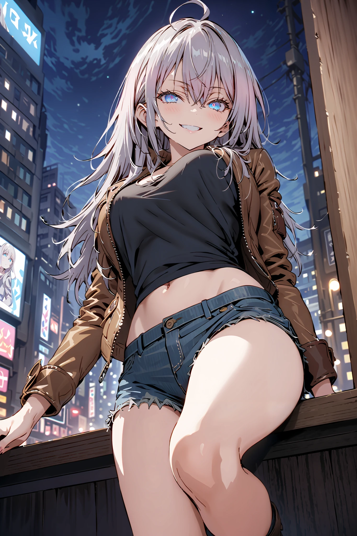 score_9, score_8_up, score_7_up, source_anime, Alisa Mikhailovna Kujo, long hair, bungs, blue eyes,stupid hair, Gray Hair,half updo,Big Breasts,riders jacket, BLACK TANK TOP,underboom,belly button sticking,denim micro shorts,Bare legs,boots,put your hands on your lower back,smile, grin ,Nōn,night,angle from below,night,full bodyがillustration for both eyesに入るように,break outdoors,City,
break looking at viewer,full body,
break (masterpiece:1.2), Top Quality, High Resolution, Unity 8K Wallpaper , (illustration for both eyes:0.8), (Beautiful Detailed Eyes:1.6), highly detailed face with a woman, perfect lighting, highly detailed CG, (perfect hands in a dark bedroom, perfect anatomy),