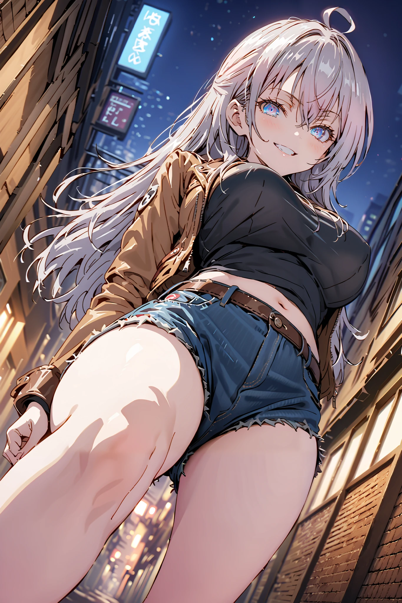 score_9, score_8_up, score_7_up, source_anime, Alisa Mikhailovna Kujo, long hair, bungs, blue eyes,stupid hair, Gray Hair,half updo,Big Breasts,riders jacket, BLACK TANK TOP,underboom,belly button sticking,denim micro shorts,Bare legs,boots,put your hands on your lower back,smile, grin ,Nōn,night,angle from below,night,full bodyがillustration for both eyesに入るように,break outdoors,City,
break looking at viewer,full body,
break (masterpiece:1.2), Top Quality, High Resolution, Unity 8K Wallpaper , (illustration for both eyes:0.8), (Beautiful Detailed Eyes:1.6), highly detailed face with a woman, perfect lighting, highly detailed CG, (perfect hands in a dark bedroom, perfect anatomy),