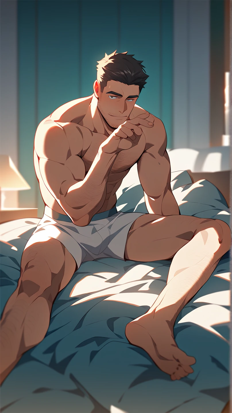 jake gillian, open white shirt and black thong underwear, laying in bed full body, blond buzzcut hair