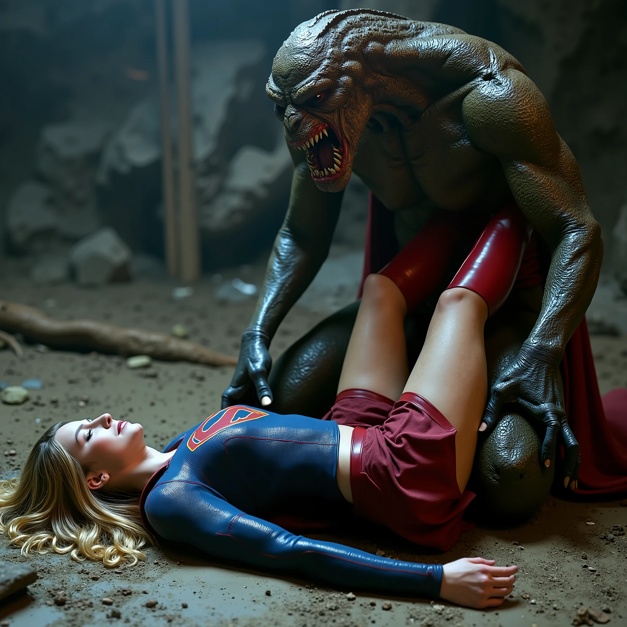 Supergirl is lying flat on the dirt, very bright white skin, her legs wrapped around the monster waist., can see whole body, She is wearing a thin black pantyhose, very short red skirt, flipped up skirt, red knee height long boots, blonde hair, unconsciousness, eyes close, painful face, a fierce monster is kneeling attach to Supergirl body between her legs, photorealistic, hyperrealism, night time, underground cave,