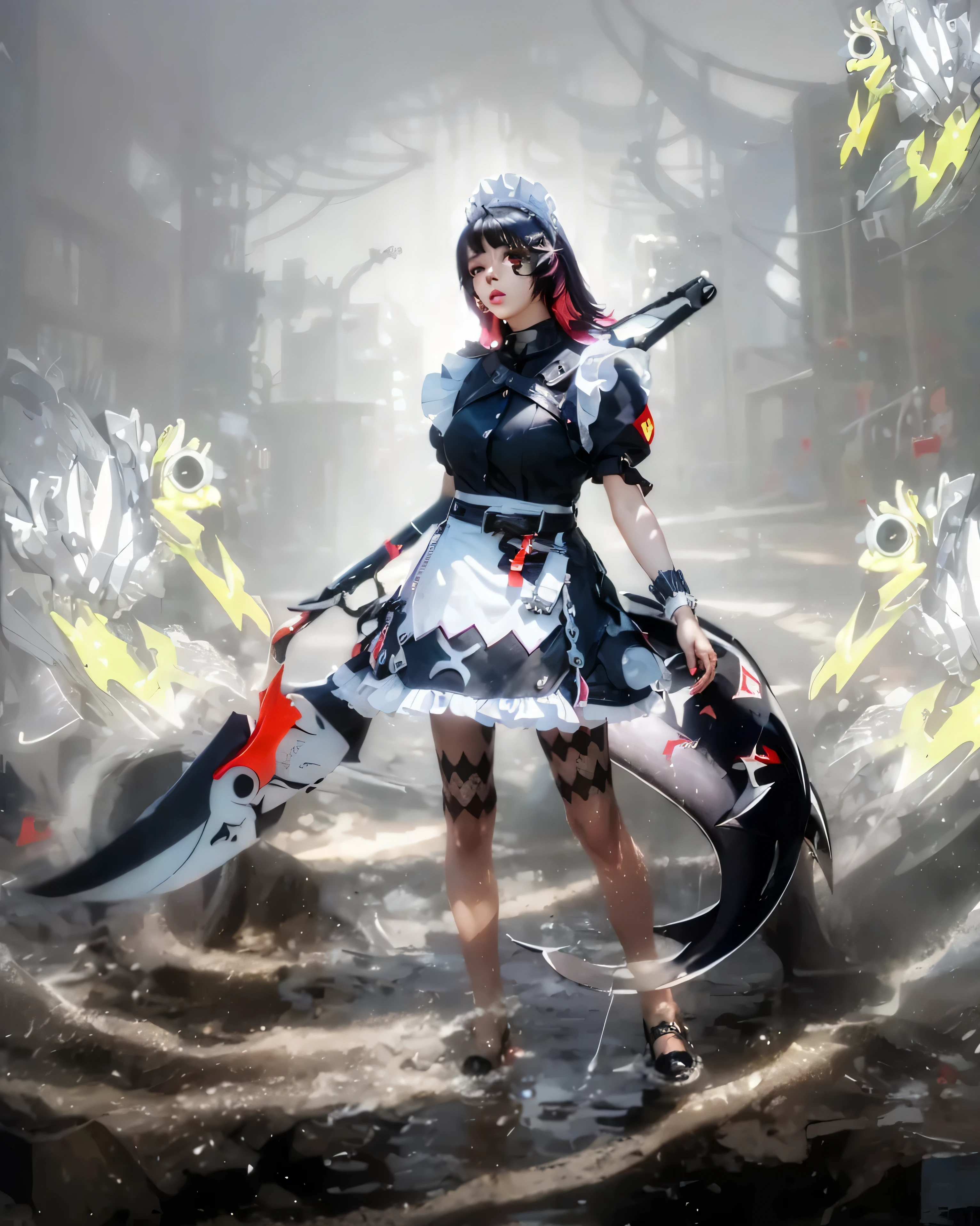 ((ELLEN JOE_ZENLESS ZONE ZERO)),((realistic, photorealistic)),(highlight hair)), Light reflection, (( HD )),((upper body)), (((best quality, masterpiece))), (masterpiece) (best quality) (detail) (8k) (HDR) (wallpaper) (cinematic lighting) (sharp focuasterpiece, best quality: 1.1), Real life adaption of this character, realistic outfit, realistic shadow, realistic light, realism, hyper realistic, realistic background,realistic hair,(photorealistic:1.2), (masterpiece: 1.2), (best quality: 1.3), (clear details: 1.3), ((((ultra-detailed)))), ((detailed eyes)), (extremely detailed face:1.4), (highly detailed eyelash:1.6), masterpiece,best quality,ultra-detailed,very aesthetic,absurdres,score_9,score_8_up,score_7_up,best quality,masterpiece,source_anime,8k,best quality,masterpiece,(ultra-detailed),(high detailed skin),symmetrical,(full body),white background,standing,looking back,(solo),hand on hip, Ellen Joe, maid, shark tail, (shark girl:0.5), 1girl, red eyes, tail, pantyhose, multicolored hair, black footwear, short sleeves, apron, wrist cuffs, maidheaddress, score_9,score_8_up,score_7_up,ellenJoeZzz, 1girl, black hair, breasts, colored inner hair, fingernails, heart, heart hands, large breasts, looking at viewer, maid, maid headdress, mole, mole under eye, multicolored hair, nail polish, red eyes, red hair, red nails, shark tail, short hair, solo, two-tone hair,White smoke background, monster earher, fight, ground breaking, ground fragments,(beautiful_face),((intricate_detail)),clear face,((finely_detailed)),fine_fabric_emphasis,full_shot, hquan,purple eyes(perfect hands,perfect anatomy)