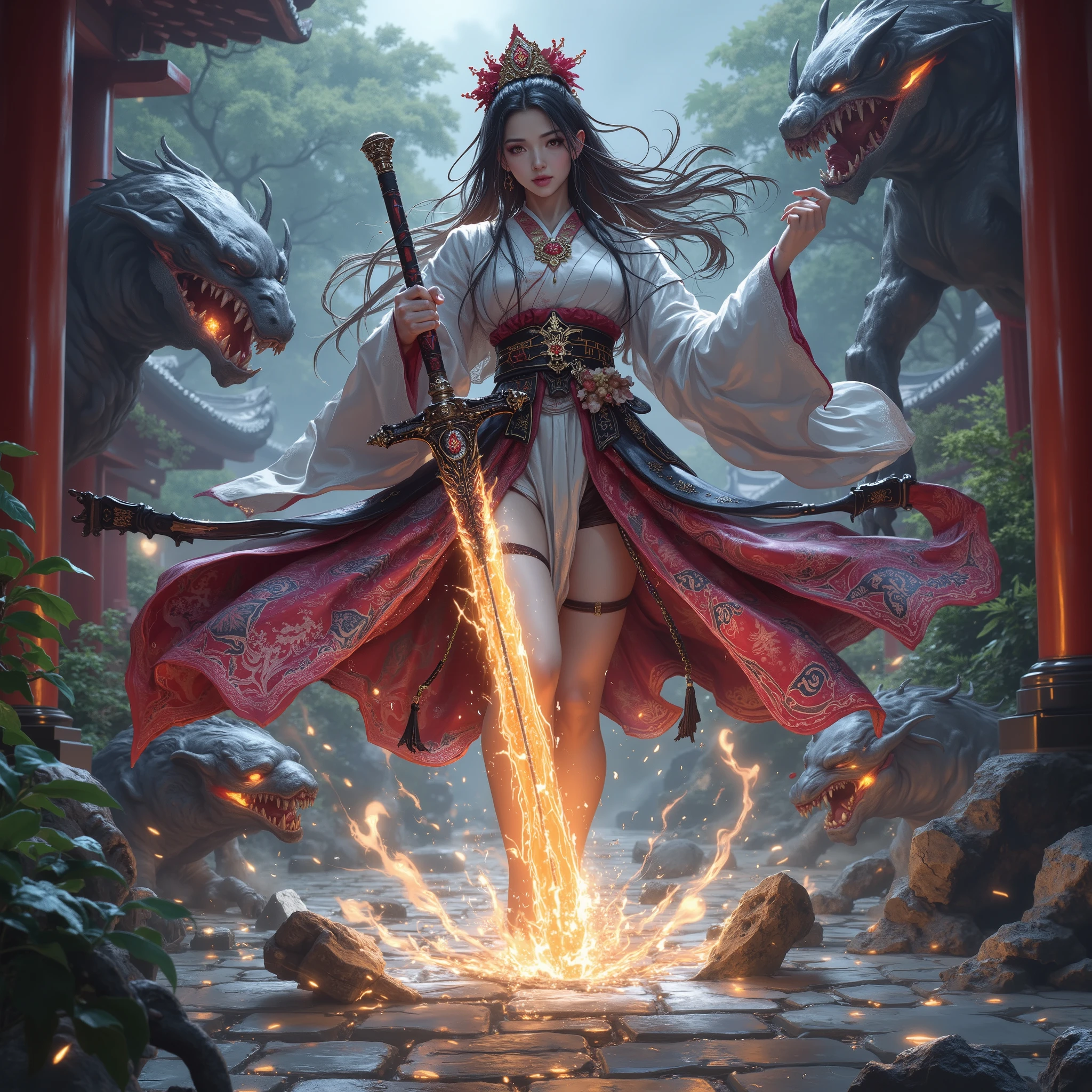 beautiful shoujo shrine maiden fighting demons, at the shrine, detailed portrait of a young female shrine maiden in traditional japanese clothing, with determined expression, brandishing a glowing sword and fiercely fighting off dark demonic entities in the background, high quality, intricate details, dramatic lighting, vibrant colors, cinematic composition, digital painting, concept art style