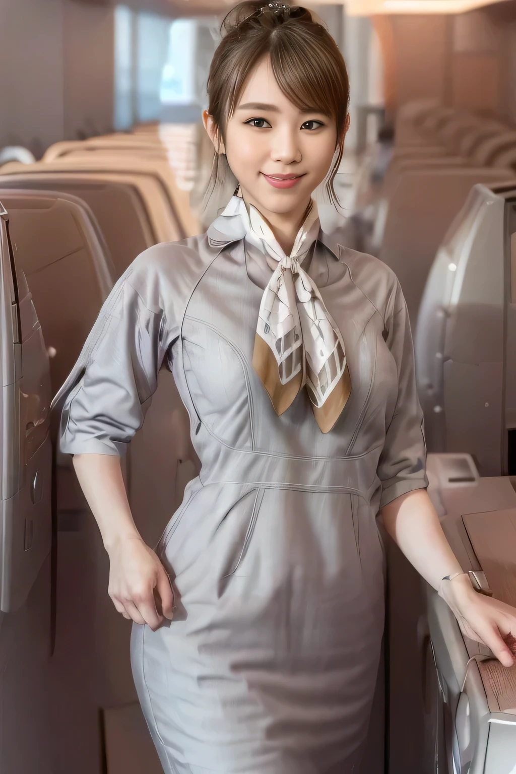 (masterpiece:1.2, best quality:1.2), 32kHDR, High Resolution, (alone、1 girl)、(Starlux Flight Attendant Uniforms)、 (At the airport counter, professional lighting)、A proper woman, beautiful face,、(Starlux Flight Attendant Uniforms Short Sleeve)、(Starlux Flight Attendant Uniforms)、(Scarf on chest)、Big Breasts、(long hair、hair bun)、dark brown hair、 long hit 、(( amazing hands:2.0)),((A harmonious body shape:1.5)),((Normal limbs:2.0)),((Usually refers to:2.0)),((Normal eyes:2.0)))、Beautiful position、smile、Hands crossed underneath