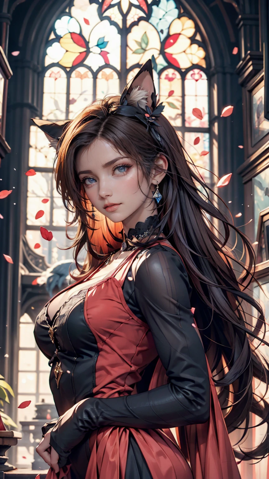 (Best Quality:1.2), 独奏, 1girl, Detailed facial features, Captivating smile, Full view, Full-length, long sleeves, capelet, black corset, red skirt, Thigh-high boots