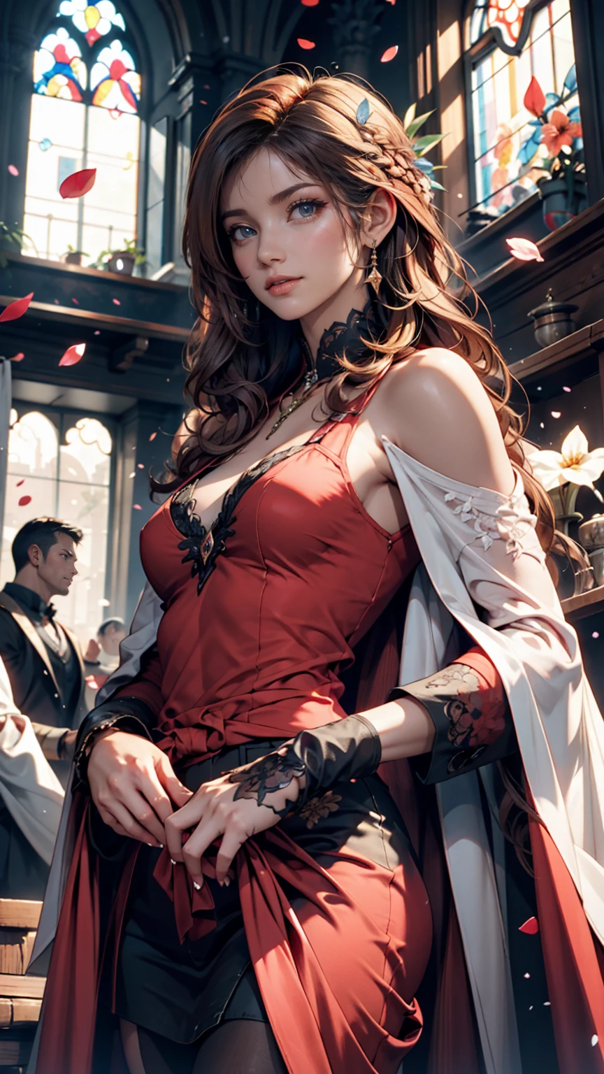 (Absurd, High resolution, Super detailed), One girl, Zodiac sign - Aries Goddess , alone, mature, Baroque, Long dress decorated with lace, Long sleeve, elegant, colorful, Most detailed, Upper Body , Sunset Hair . Eye of Fire . Brave, Selfish, Productive, The face of an enterprising humanitarian 、24-year-old woman、Sexy proportionature女体、Sexy proportionakeup、Lips with red lipstick、Textured skin((textured skin))、smile、Narrow waist