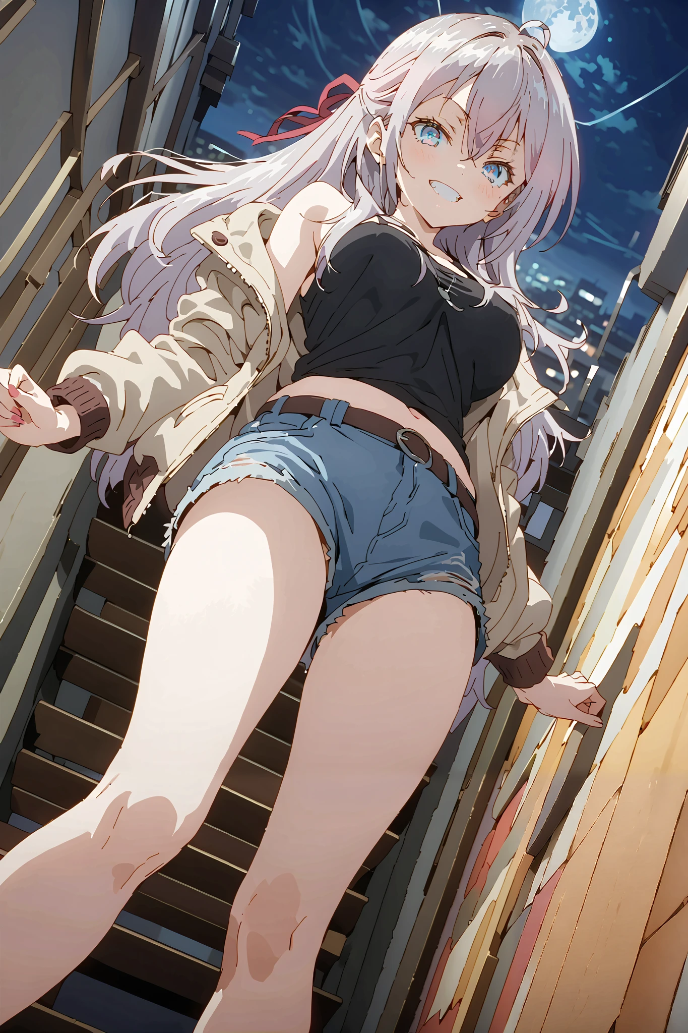 score_9, score_8_up, score_7_up, source_anime, Alisa Mikhailovna Kujo, long hair, bungs, blue eyes,stupid hair, Gray Hair,half updo,Big Breasts,riders jacket, BLACK TANK TOP,underboom,belly button sticking,denim micro shorts,Bare legs,boots,put your hands on your lower back,smile, grin ,Nōn,night,angle from below,night,full bodyがillustration for both eyesに入るように,break outdoors,City,
break looking at viewer,full body,
break (masterpiece:1.2), Top Quality, High Resolution, Unity 8K Wallpaper , (illustration for both eyes:0.8), (Beautiful Detailed Eyes:1.6), highly detailed face with a woman, perfect lighting, highly detailed CG, (perfect hands in a dark bedroom, perfect anatomy),
