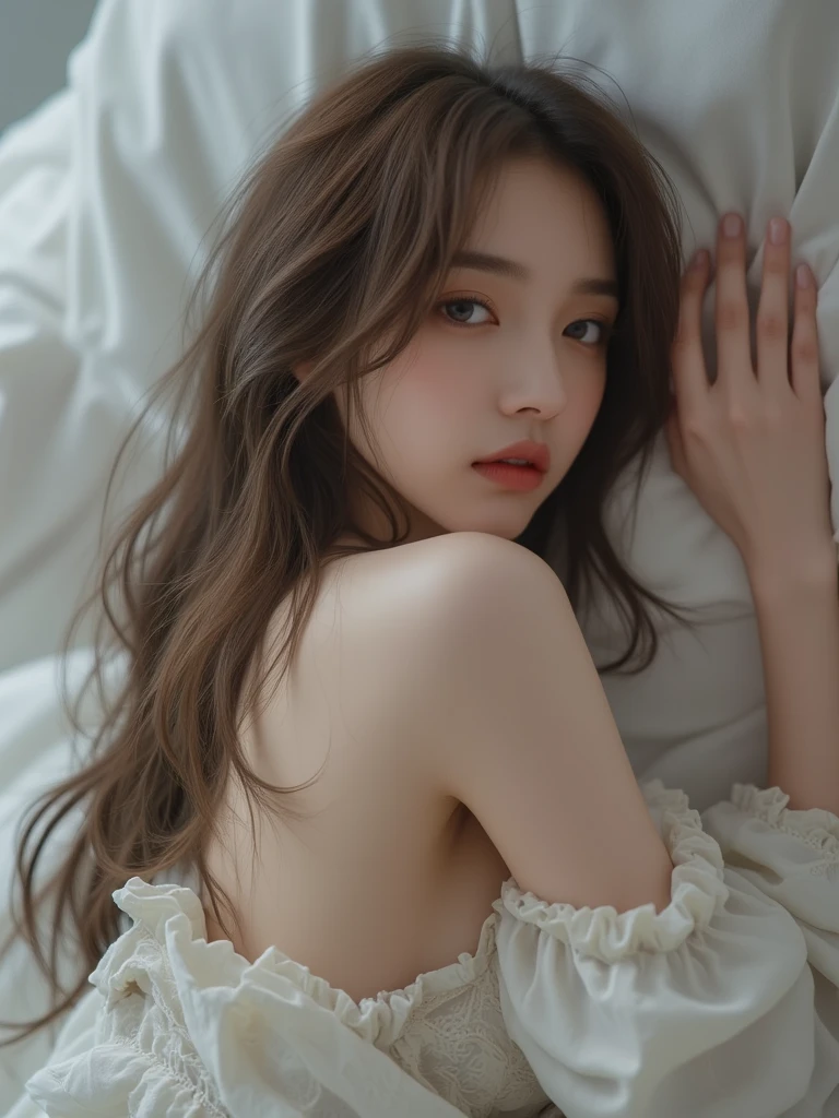 putting index finger to mouth、hotel bed、lying down