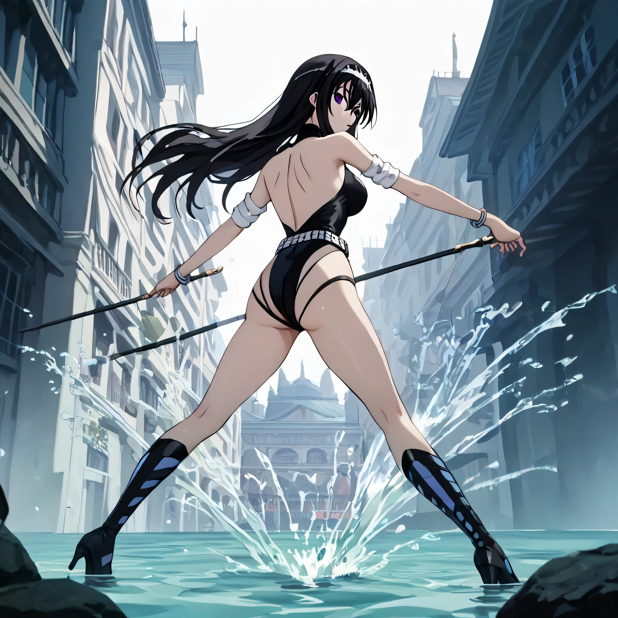 (((Masterpiece))), (((Best Quality))), ((Super Detail)), ultra-High resolution, score_9,score_8_up,score_7_up,score_6_up,score_5_up,score_4_up, BREAK, source_anime, anime screencap, uncensored, rating_explicit, Masterpiece, (best shadow), (absurdres), (detailed background), (very aesthetic), shiny, detailed beautiful eyes, outstanding, countershading, detailed soft lighting, an exquisite animation illustration, curvy, dark persona, empty eyes, expressionless, blank eyes, looking at viewer, full body, emotionless, Fighting Stance, horizontal pupils, (((black leotard, clothing cutout))), high heel boots, knee boots, circlet, armlet, bracelet, belt, halterneck, (((solo, 1girl))), hair ornament, seductive pose, submissive pose, kyouko sonan, long hair, black hair, purple eyes, hair between eyes, sidelocks, large breast, water background, submerged, city background, flood, looking from back, view from back, from back, from behind, ass
