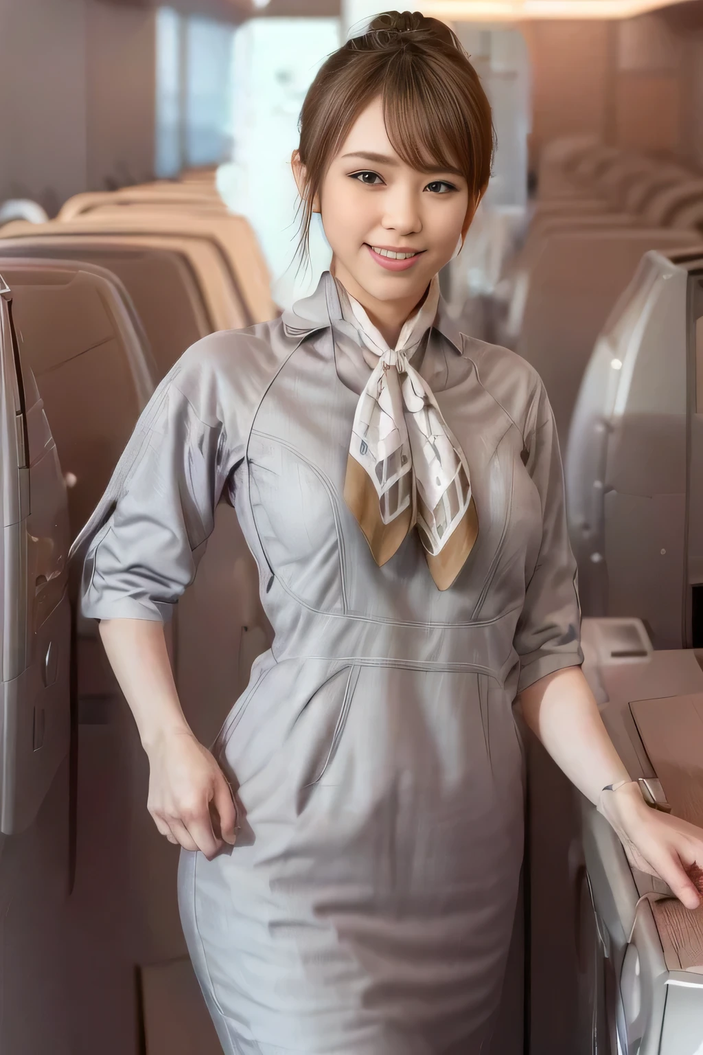 (masterpiece:1.2, best quality:1.2), 32kHDR, High Resolution, (alone、1 girl)、(Starlux Flight Attendant Uniforms)、 (At the airport counter, professional lighting)、A proper woman, beautiful face,、(Starlux Flight Attendant Uniforms Short Sleeve)、(Starlux Flight Attendant Uniforms)、(Scarf on chest)、Big Breasts、(long hair、hair bun)、dark brown hair、 long hit 、(( amazing hands:2.0)),((A harmonious body shape:1.5)),((Normal limbs:2.0)),((Usually refers to:2.0)),((Normal eyes:2.0)))、Beautiful position、smile、Hands crossed underneath