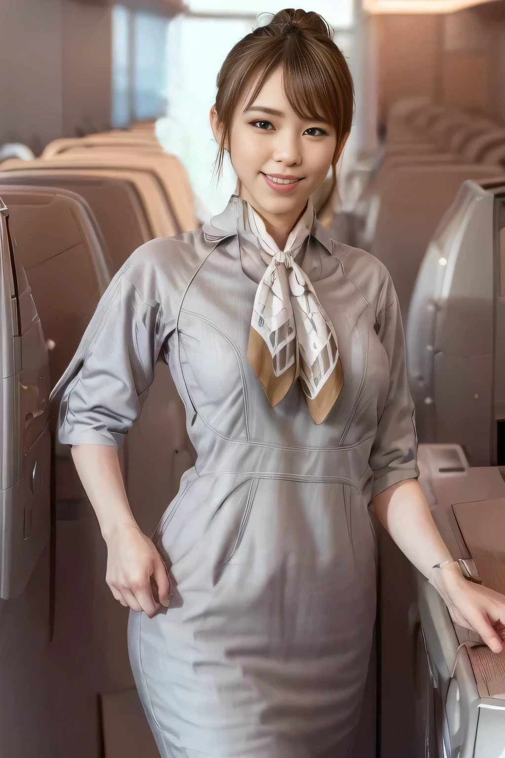 (masterpiece:1.2, best quality:1.2), 32kHDR, High Resolution, (alone、1 girl)、(Starlux Flight Attendant Uniforms)、 (At the airport counter, professional lighting)、A proper woman, beautiful face,、(Starlux Flight Attendant Uniforms Short Sleeve)、(Starlux Flight Attendant Uniforms)、(Scarf on chest)、Big Breasts、(long hair、hair bun)、dark brown hair、 long hit 、(( amazing hands:2.0)),((A harmonious body shape:1.5)),((Normal limbs:2.0)),((Usually refers to:2.0)),((Normal eyes:2.0)))、Beautiful position、smile、Hands crossed underneath