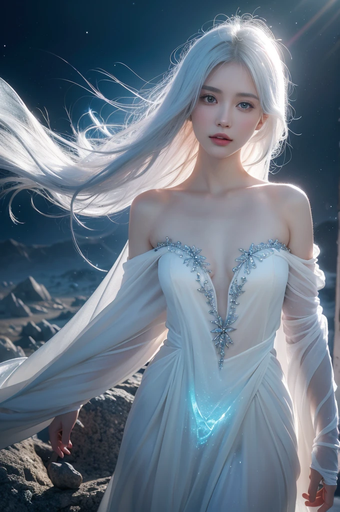 masterpiece, highest quality, (solo focus), (perfect face:1.1), (high detail:1.1), dramatic, 1guy, (pale skin), long white hair, white eyes, [light eyebrows], solo, long hair, moon, night, covered navel, pouty lips, covered, futuristic city, detailed background, art by art germ and greg rutkowski, cinematic lighting, roses, fashion, Balenciaga Style