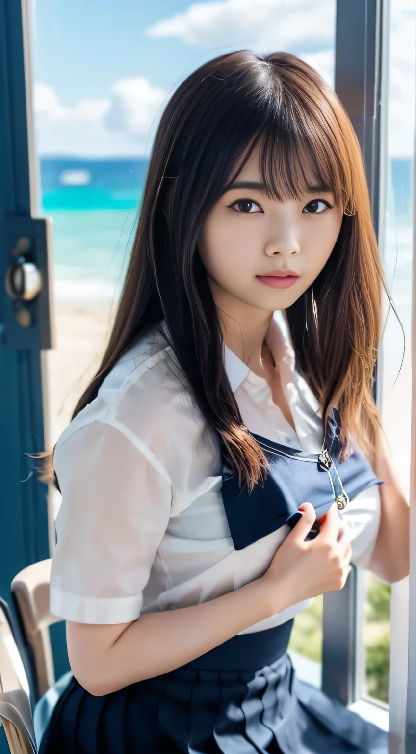 (8K、Live Action、RAW Photos、Highest quality、masterpiece:1.2),(Outdoor,Pool,sunlight:1.2),((Perfect lighting)),(Short Bob Cut),Looking at the audience,Upward glance,Viewed from the front,Sexy pose, return,strong,erotic,20-year-old,student,White skin,knees,Absurd,Small face,前hairを真ん中から分けます、The forehead is visible,(Be embarrassed,Squint your eyes,Glare,strong,skinny,skinny,Irritated)、masterpiece,Highest quality、Ultra-high resolution,One person, One personで,Close-up shot、cute、Return to student,(Japanese School Uniform:1.3),high school girl,Japanese women,Are standing,(フォトGenuine:1.37)、Photon Mapping,Genuineistic、cuteSmall face,Brown eyes、prospect、Written boundary depth、blurred returnground、Genuine,(前hairが見える), hair, kneesが見える, thigh,(Nogizaka idol), actress、Small, shapely breasts、Super quality、Low people、(Skin with visible pores:1.2)、(Focus on the face)、Small face、7 Head to Body、Check and fix the skeleton