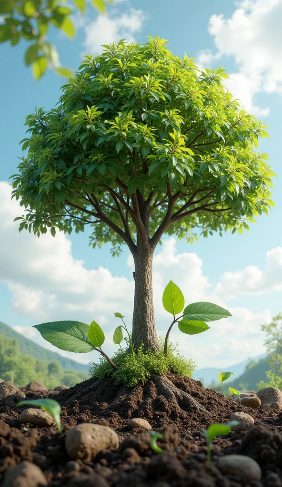 The image of the transformation of the seed into a lush and healthy tree, with the symbol of
