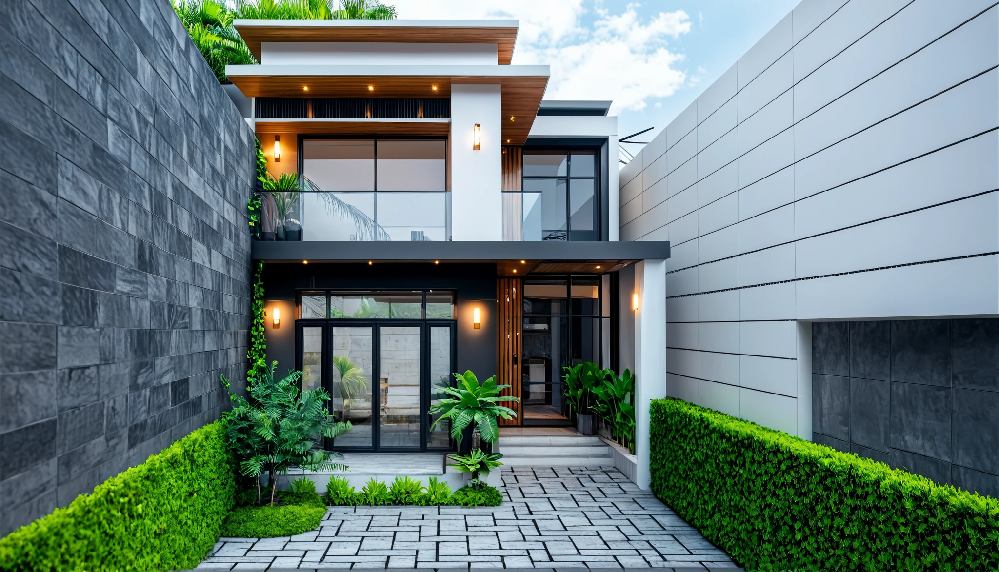 (RAW photo, masterpiece, best quality,ultra-detailed, extremely delicate and beautiful, highresolution, best shadow:1.1), black outdoor, modern villa on street, minimalist design, white tone, lush shrub, vibrant ambiance, joyful, wooden ceiling, masterpice, best material, best quality, Masterpiece, high-end, oak wood and dark marble, authentic, super detailed,