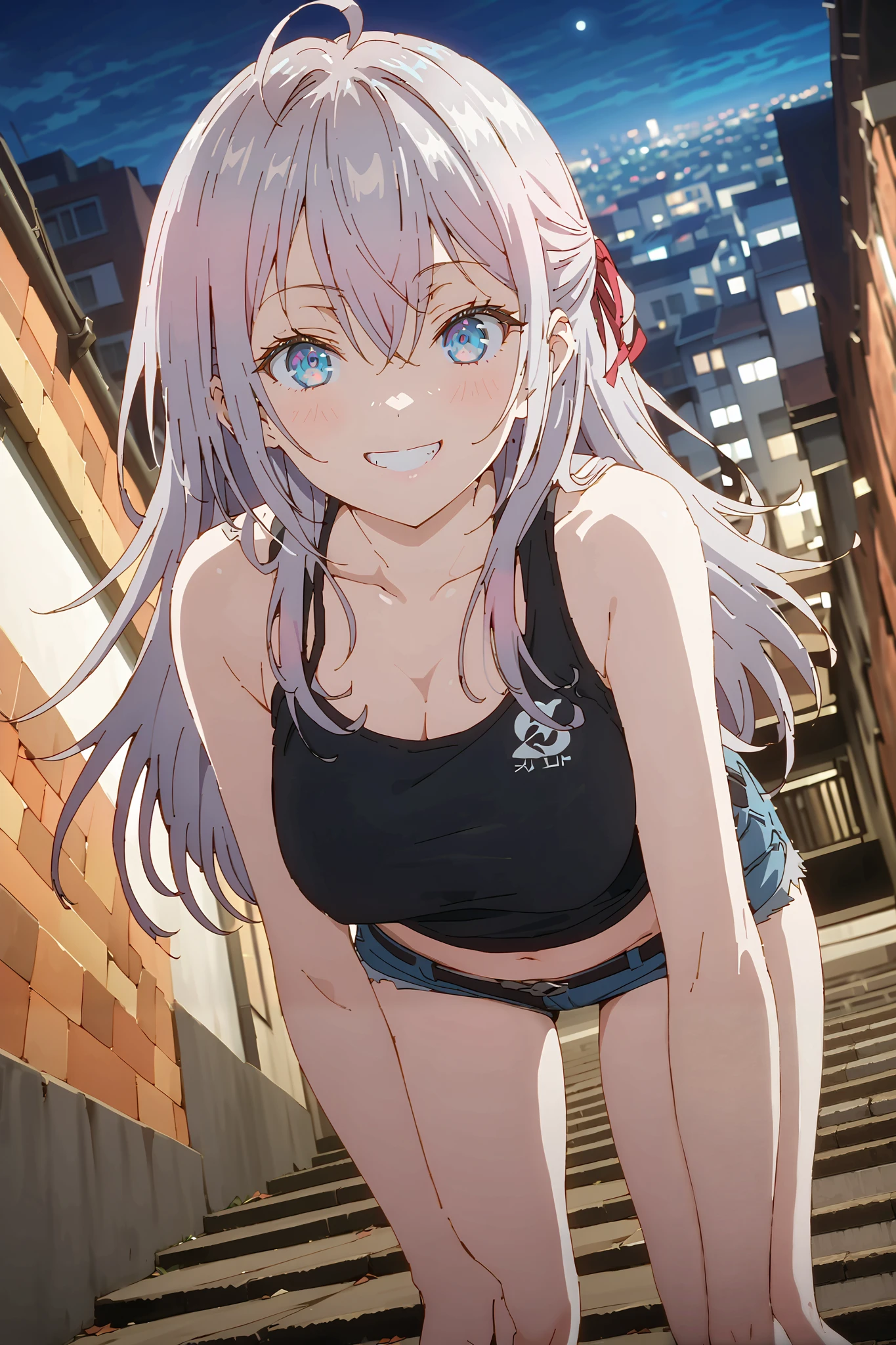score_9, score_8_up, score_7_up, source_anime, Alisa Mikhailovna Kujo, long hair, bungs, blue eyes,stupid hair, Gray Hair,half updo,Big Breasts,riders jacket, BLACK TANK TOP,underboom,belly button sticking,denim micro shorts,Bare legs,boots,put your hands on your lower back,smile, grin ,Nōn,night,angle from below,night,full bodyがイラストに入るように,break outdoors,City,
break looking at viewer,full body,
break (masterpiece:1.2),Top Quality , kampala, Unity 8K Wallpaper ,(shape:0.8),( fine, beautiful eyes :1.6),It's a person ,full body写真,CG Details , (perfect hands with full nudity, complete anatomy),