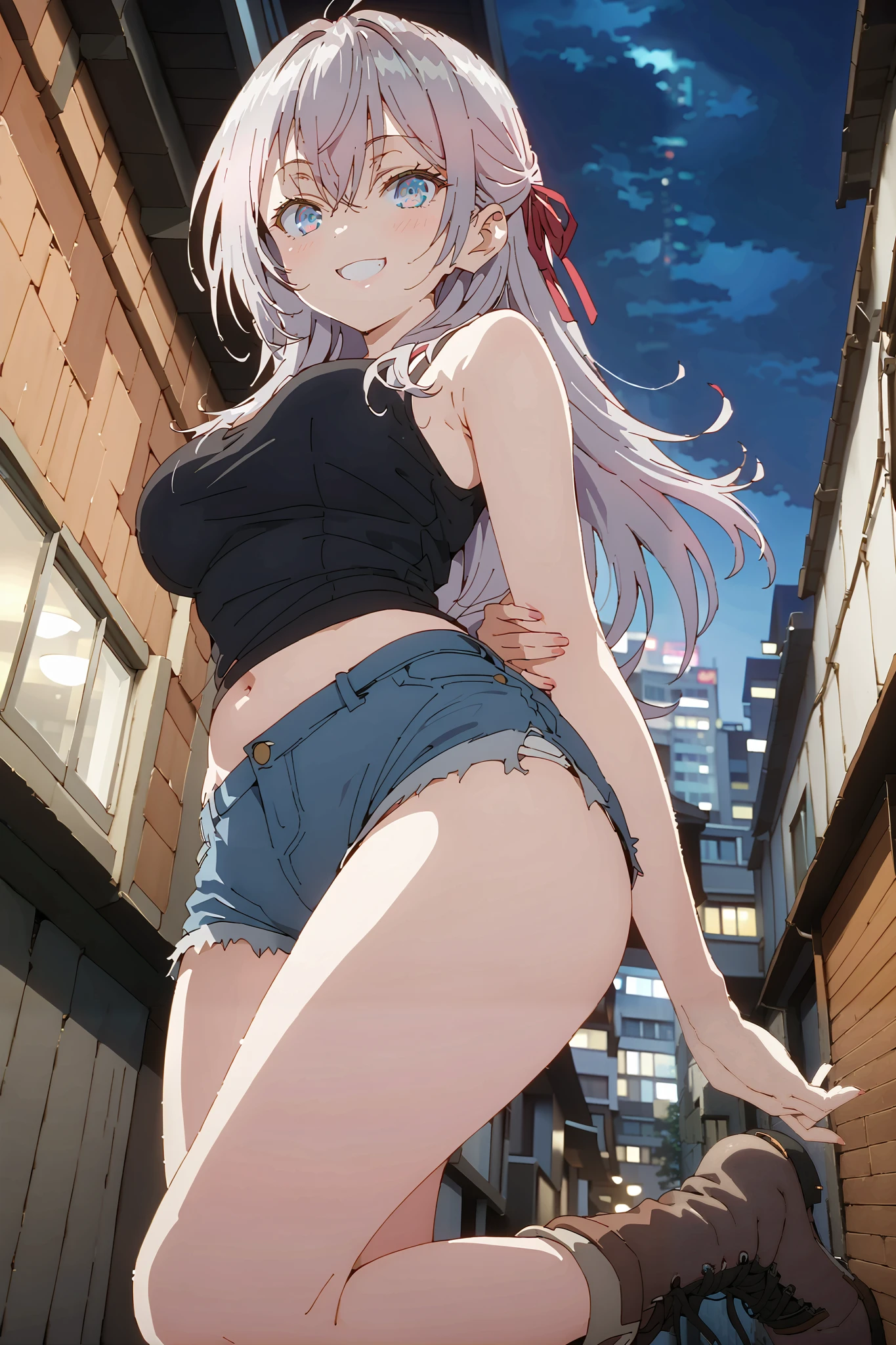 score_9, score_8_up, score_7_up, source_anime, Alisa Mikhailovna Kujo, long hair, bungs, blue eyes,stupid hair, Gray Hair,half updo,Big Breasts,riders jacket, BLACK TANK TOP,underboom,belly button sticking,denim micro shorts,Bare legs,boots,put your hands on your lower back,smile, grin ,Nōn,night,angle from below,night,full bodyがイラストに入るように,break outdoors,City,
break looking at viewer,full body,
break (masterpiece:1.2),Top Quality , kampala, Unity 8K Wallpaper ,(shape:0.8),( fine, beautiful eyes :1.6),It's a person ,full body写真,CG Details , (perfect hands with full nudity, complete anatomy),
