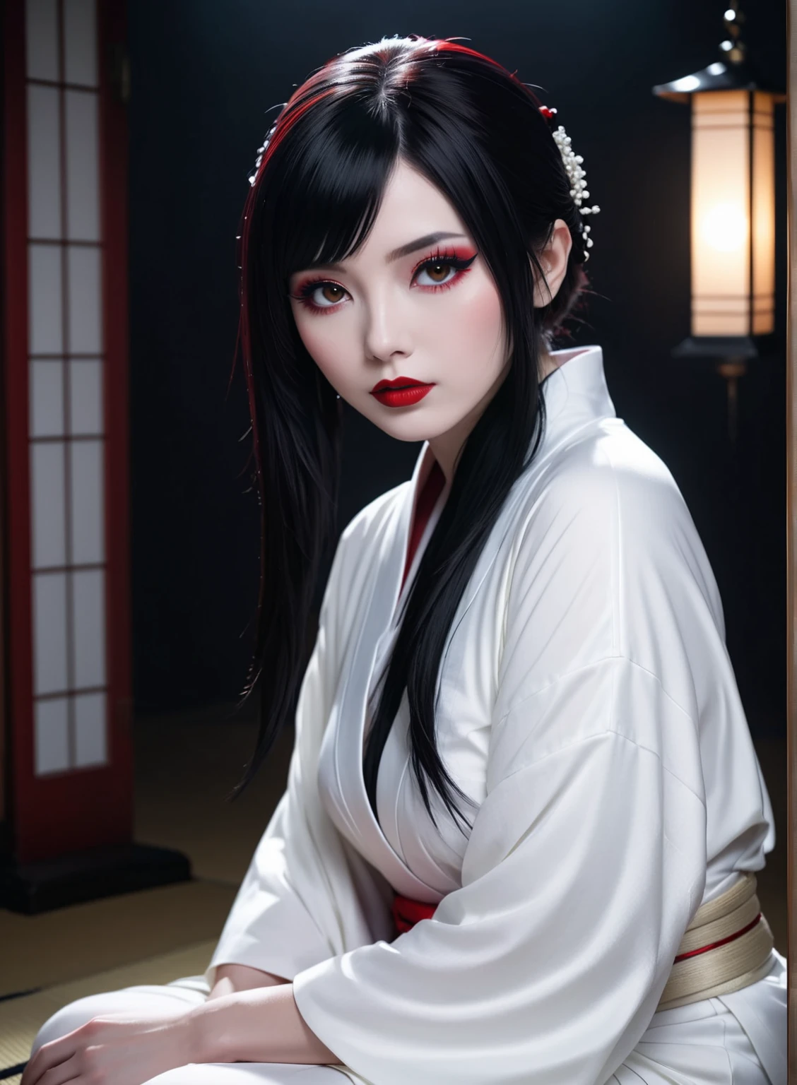 a close up of a woman with a geisha make up, full body, beauty geisha, remarkable geisha make up, geisha, kabuki makeup, cyberpunk geisha, geisha makeup, geisha make up, japanese geisha, geisha hairstyle, ghost in the shell geisha robot, inspired by Otake Chikuha, portrait of a geisha
