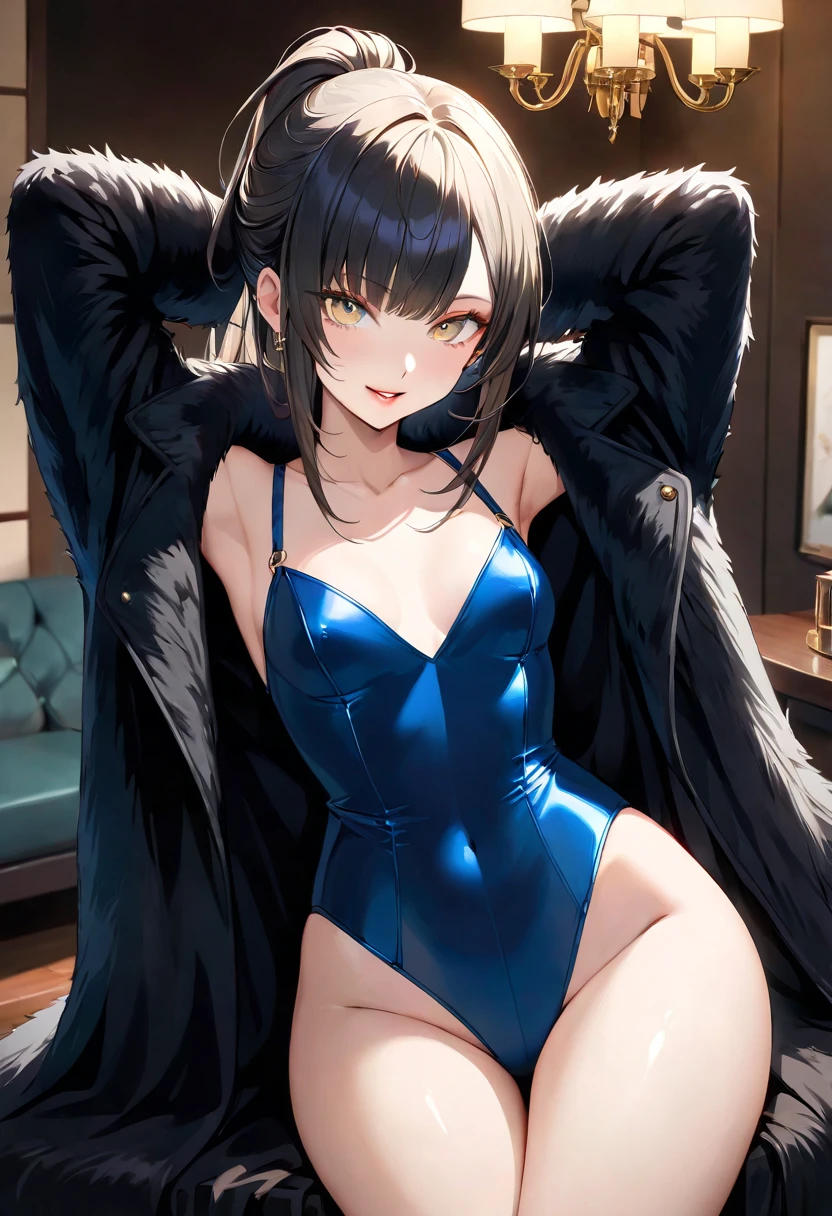 (gleaming skin:1.3), A young girl with black short hair, sky-blue eyes, wearing a one-piece swimsuit, standing, cityscape. public indecency,undress,coat