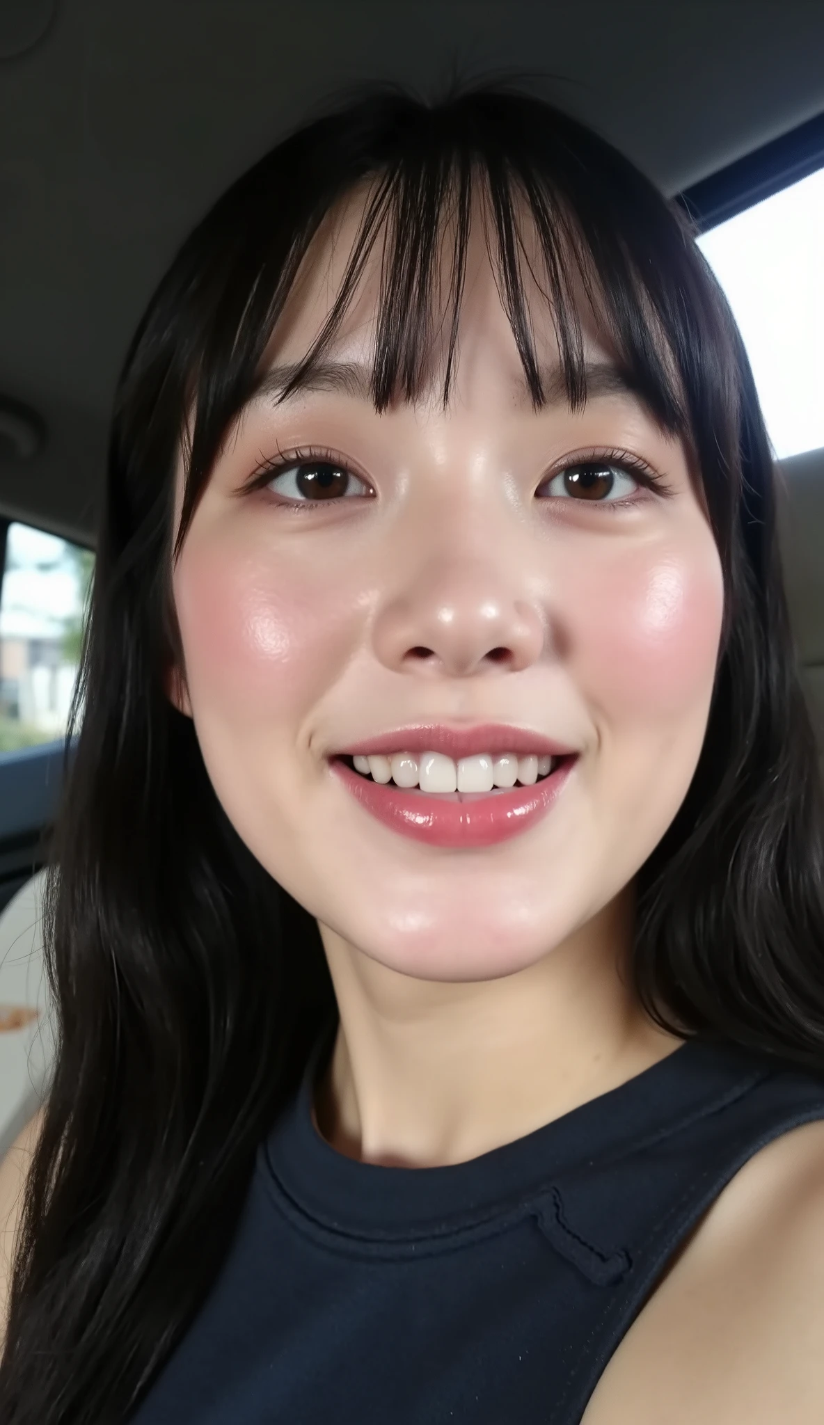 (vivid smile:2.5), (natural lip curl:2.2), (discreet cheek lift:2.3), (Smiling eyes:2.3), ( dimpled cheeks :2.0), (realistic shading on lips and cheeks:2.2), (ultra-detailed skin texture:2.3), (soft skin highlights:2.0), (moist lip reflection:2.1), (rugas perto dos olhos ao smile:2.4), (warm and inviting smile:2.5), (soft ambient light on the face:2.3), (mischievous smile with slight head tilting:2.2), ( light blush on your cheeks :2.1) Full-body shot of a Korean idol, ultra-detailed skin texture e hiper-realista, smooth and flawless complexion, soft natural glow , delicate highlights and shadows, } subtle pores , slight pink tint, even skin tone, perfect shading, Ultra-high resolution, cinematographic lighting, realistic muscle definition, natural body curves, high-definition rendering, fine details in the skin texture, realistic light reflections, soft translucency, soft ambient occlusion, natural subsurface dispersion, ultra-sharp details, without distortions, no unrealistic proportions, no overexposed areas, no plastic texture, perfect anatomy. 1 , Selfie, sideways, , Korean, Tune , pinched eyes, eyes, parted bangs on the right side , youthful appearance , black hair , details eyes , average lighting, Iris , smile, round face, youthful appearance , sitting on the edge , vintage aesthetic , cute face, full lips, long hair, volumoSo hair, luz media , Reflection in the Environment, looking for , Sitting in the car seat, inside the car,