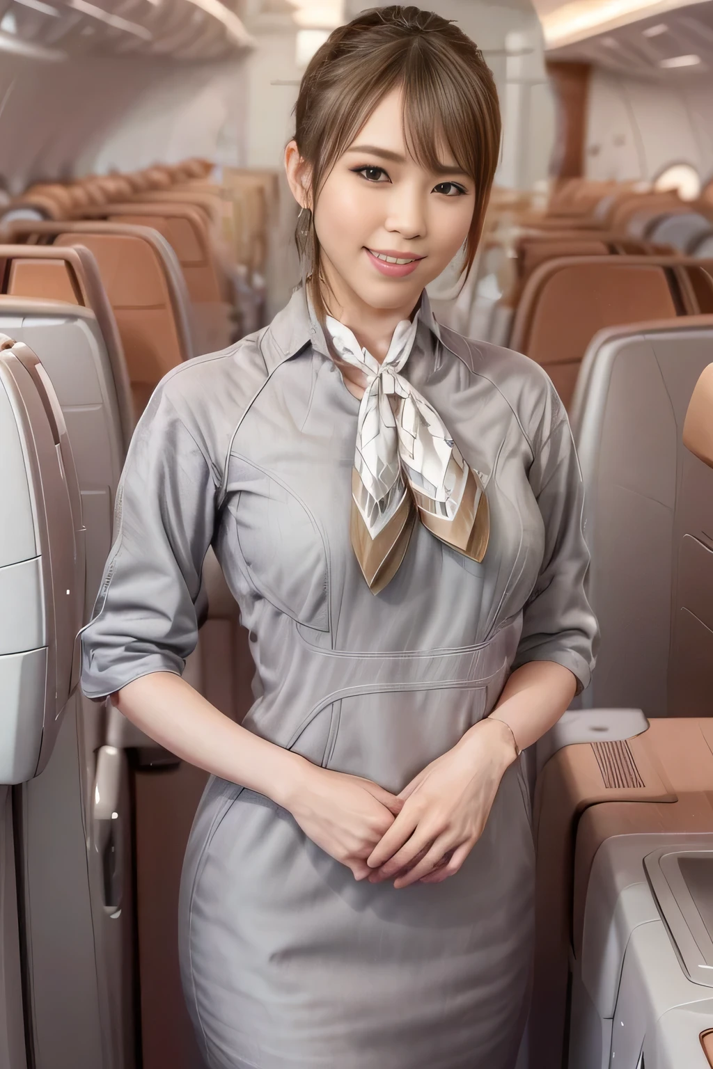 (masterpiece:1.2, best quality:1.2), 32kHDR, High Resolution, (alone、1 girl)、(Starlux Flight Attendant Uniforms)、 (At the airport counter, professional lighting)、A proper woman, beautiful face,、(Starlux Flight Attendant Uniforms Short Sleeve)、(Starlux Flight Attendant Uniforms)、(Scarf on chest)、Big Breasts、(long hair、hair bun)、dark brown hair、 long hit 、(( amazing hands:2.0)),((A harmonious body shape:1.5)),((Normal limbs:2.0)),((Usually refers to:2.0)),((Normal eyes:2.0)))、Beautiful position、smile、Hands crossed underneath