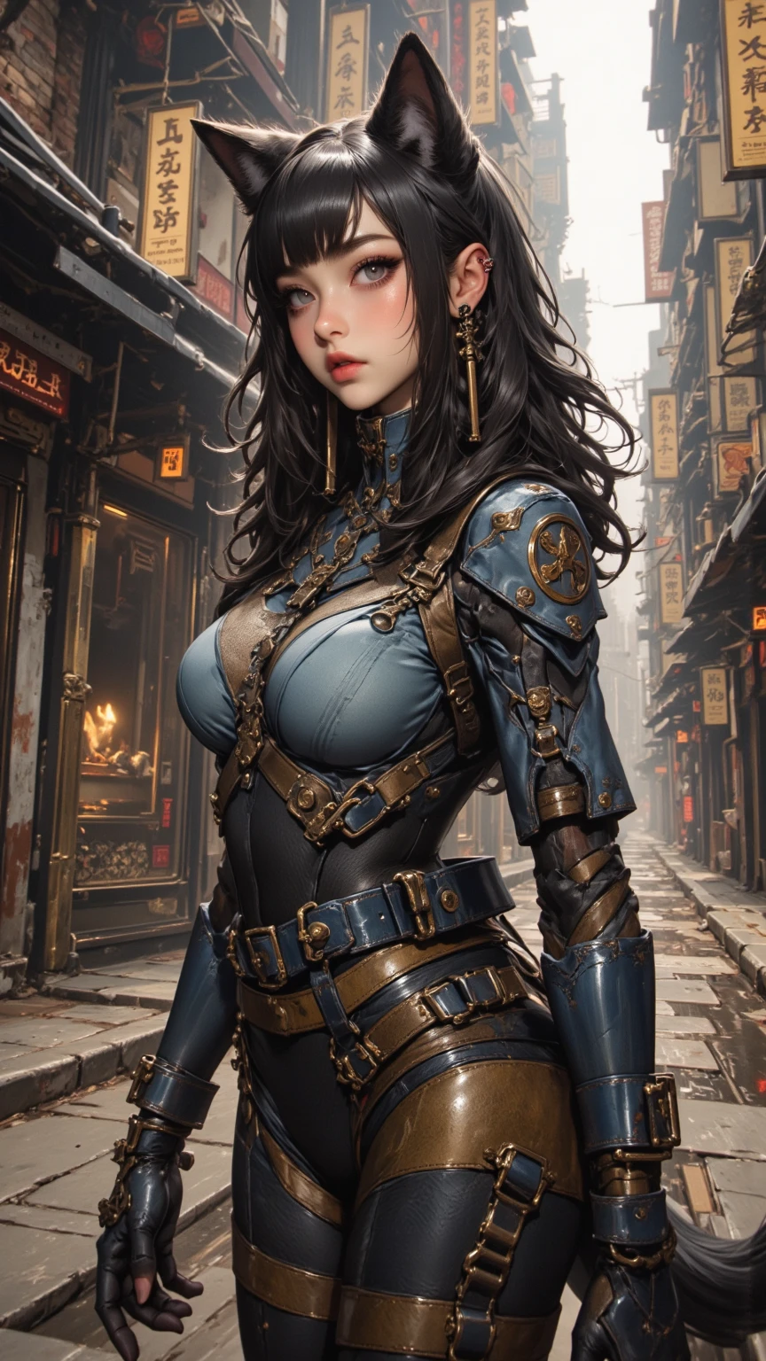 Woman 23 years, style Steampunk, Warriors samurais, colors Dark, neon blues, imaginé 3D, resolutions 4K full HD, hiperrealistic, background dragón red and fire yellow, full colors vibrants