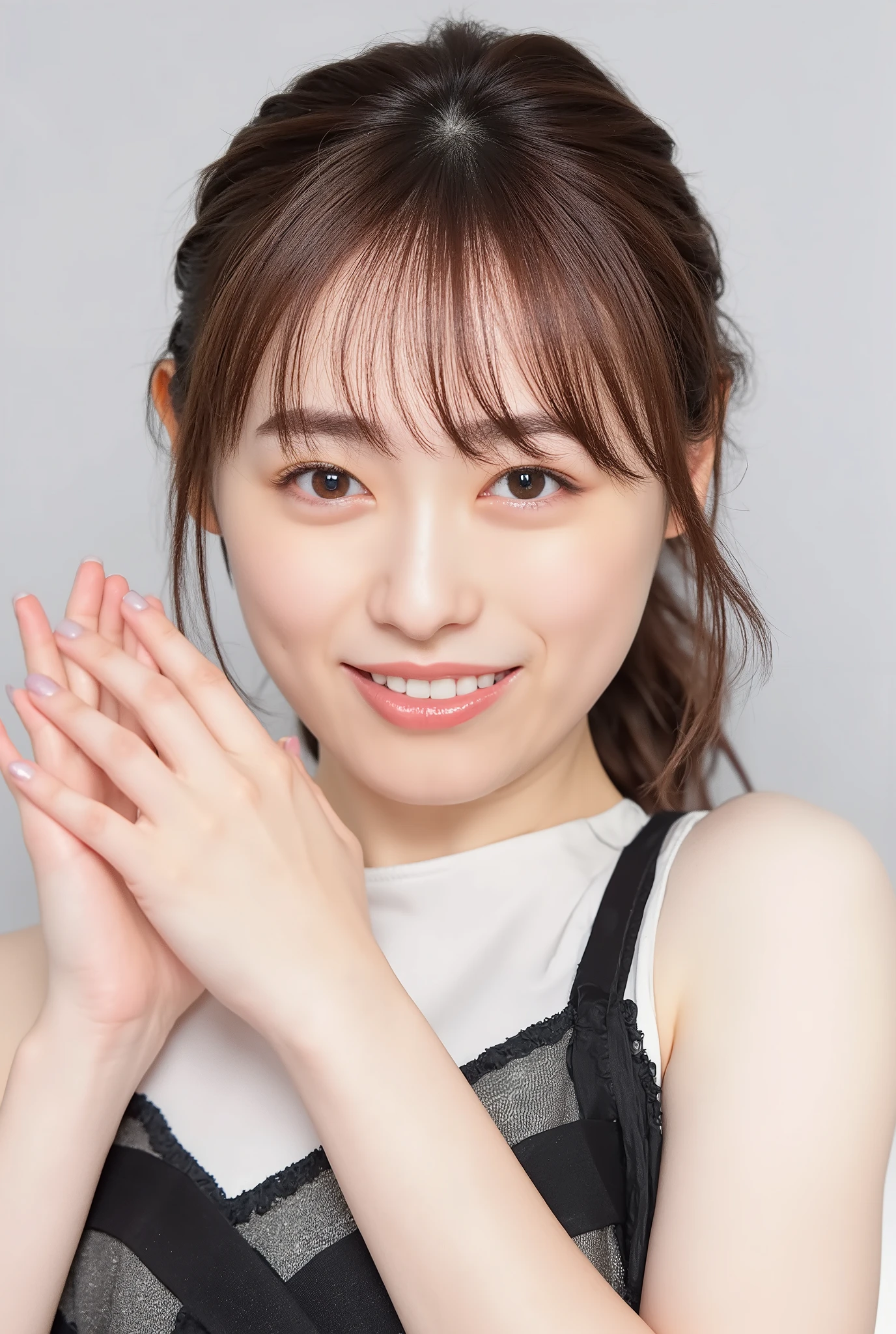 holding her chest in front of her chest, she is in a posture wearing an attractive camisole, is, Hold , close-up of her smile
