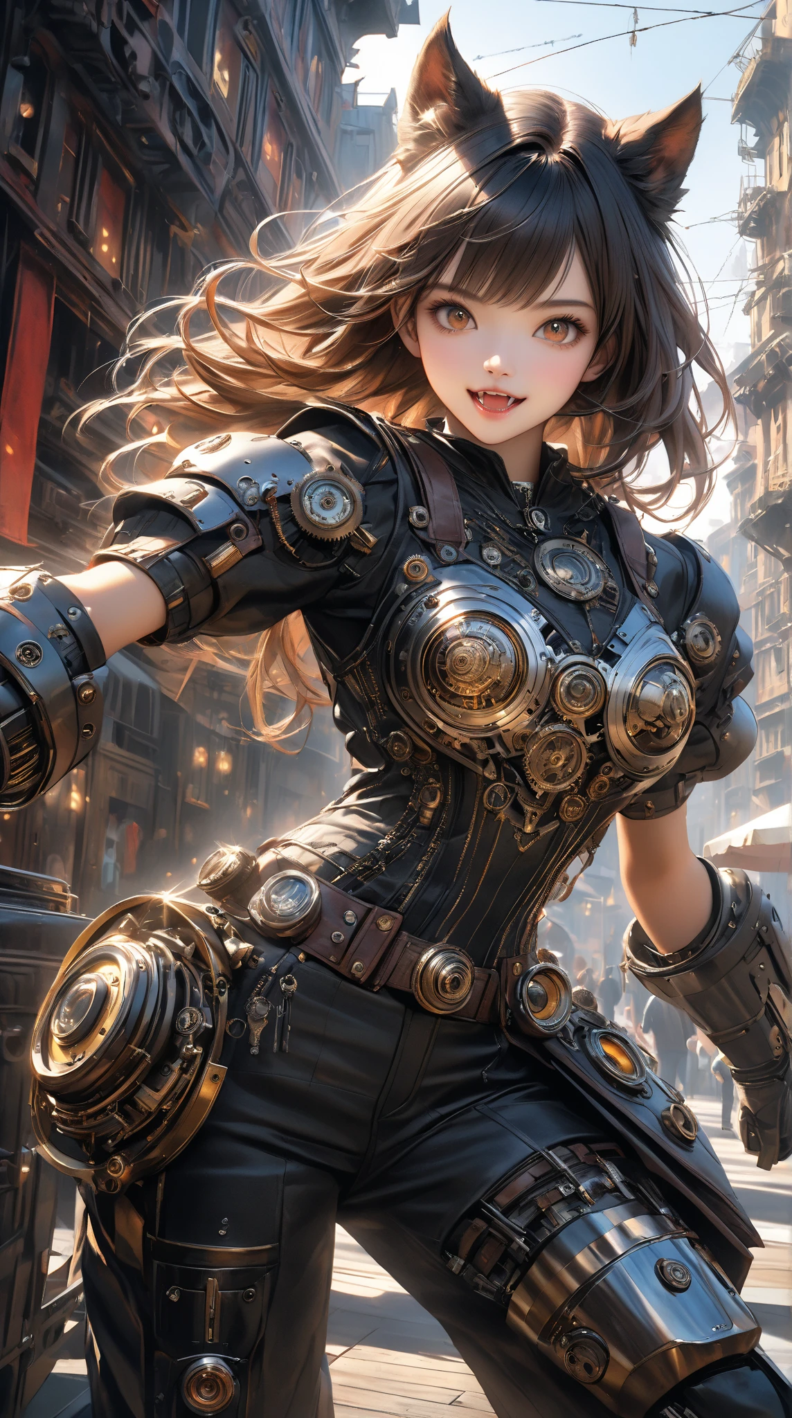 top-quality、masterpiece、超A high resolution、(Photorealsitic:1.4)、Raw photo、full bodyesbian、女の子1人、grin、Black hair、glowy skin、1 Mechanical Girl、((super realistic details))、portlate、Global Illumination、Shadow、octan render、8K、ultrasharp、Colossal tits、Raw skin is exposed in cleavage、metals、Details of complex ornaments、Steampunk details、Analog Meter、gear wheel、gear、Golden hydraulic cylinder、highly intricate detail、Realistic light、CGSoation Trends、a purple eye、radiant eyes、Facing the camera、neon details、Mechanical limbs、blood vessels connected to tubes、Mechanical vertebrae attached to the back、mechanical cervical attaching to neck、sitting on、Wires and cables connecting to the head、vacuum tubes、gear wheel、meter、Gundam、Small LED lamp、The background is a steampunk city、