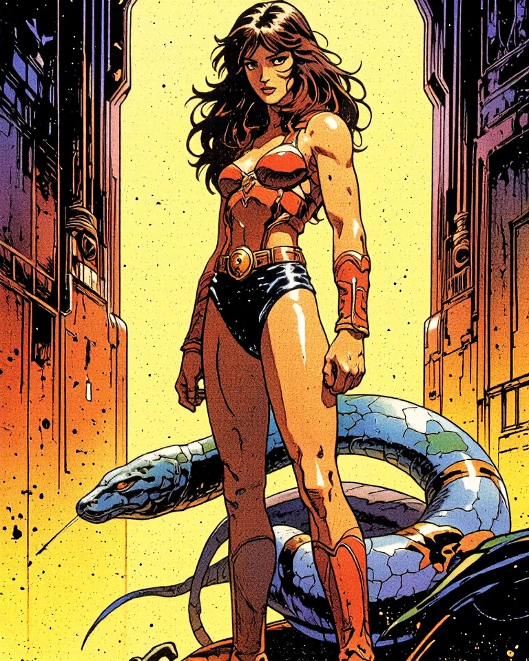 The panel of a comic about a muscle girl wearing only a brassier and tight shorts with black and white stripes holding a berserk and fighting dragons and other nizarre creatures.